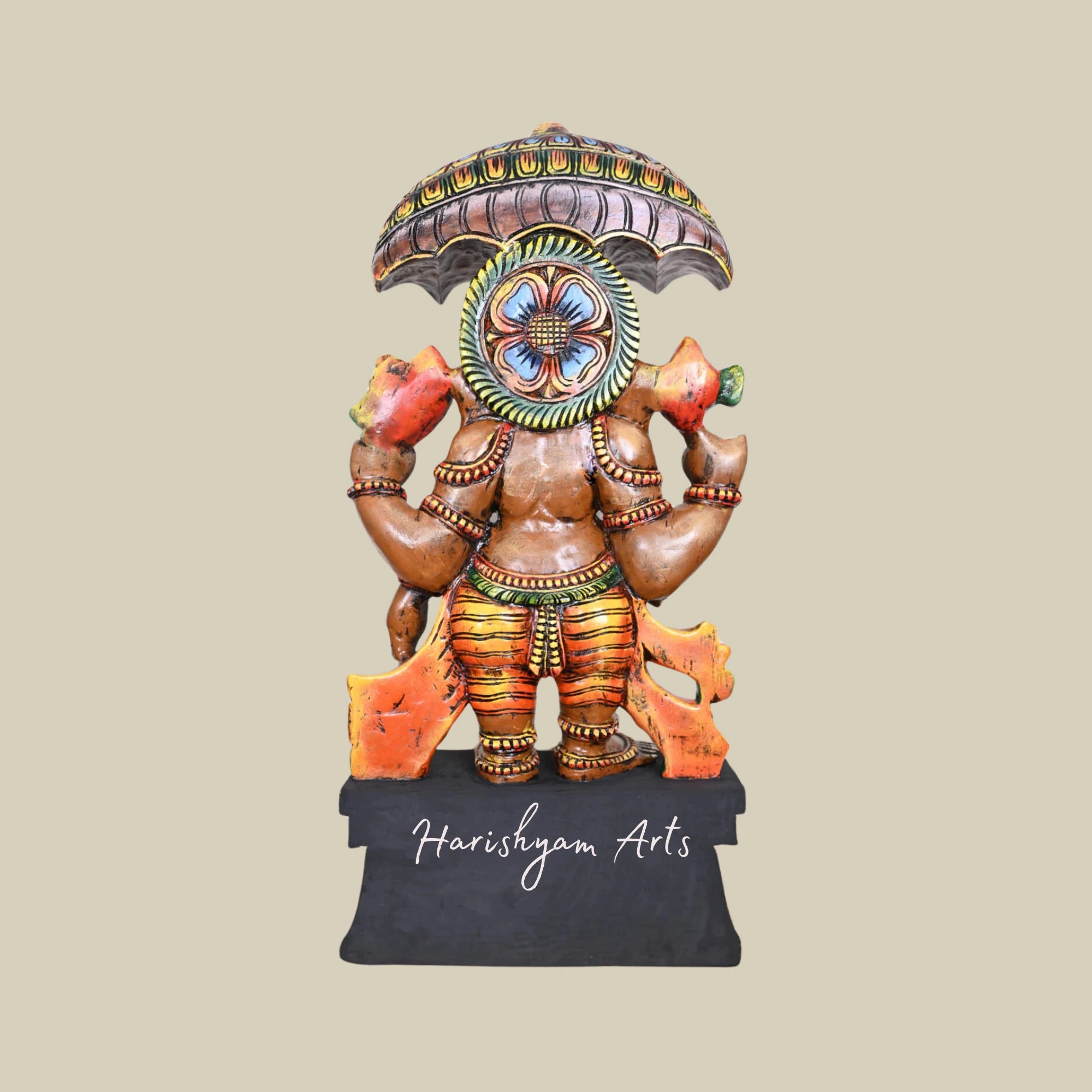 37" Colorful Wooden Umbrella Ganpati Holding Kalasam, Handcrafted Home and Office Decor Sculpture