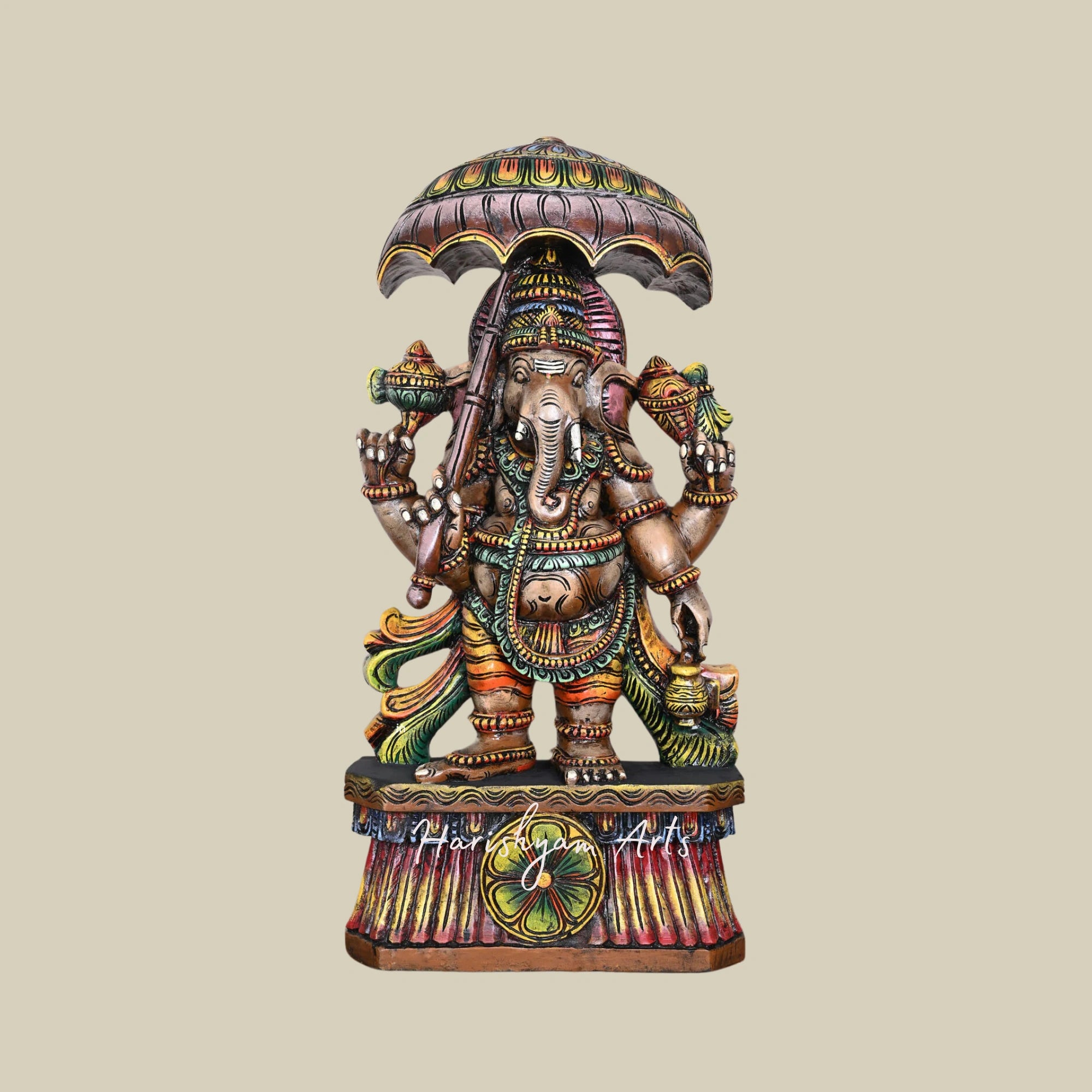 37" Colorful Wooden Umbrella Ganpati Holding Kalasam, Handcrafted Home and Office Decor Sculpture2