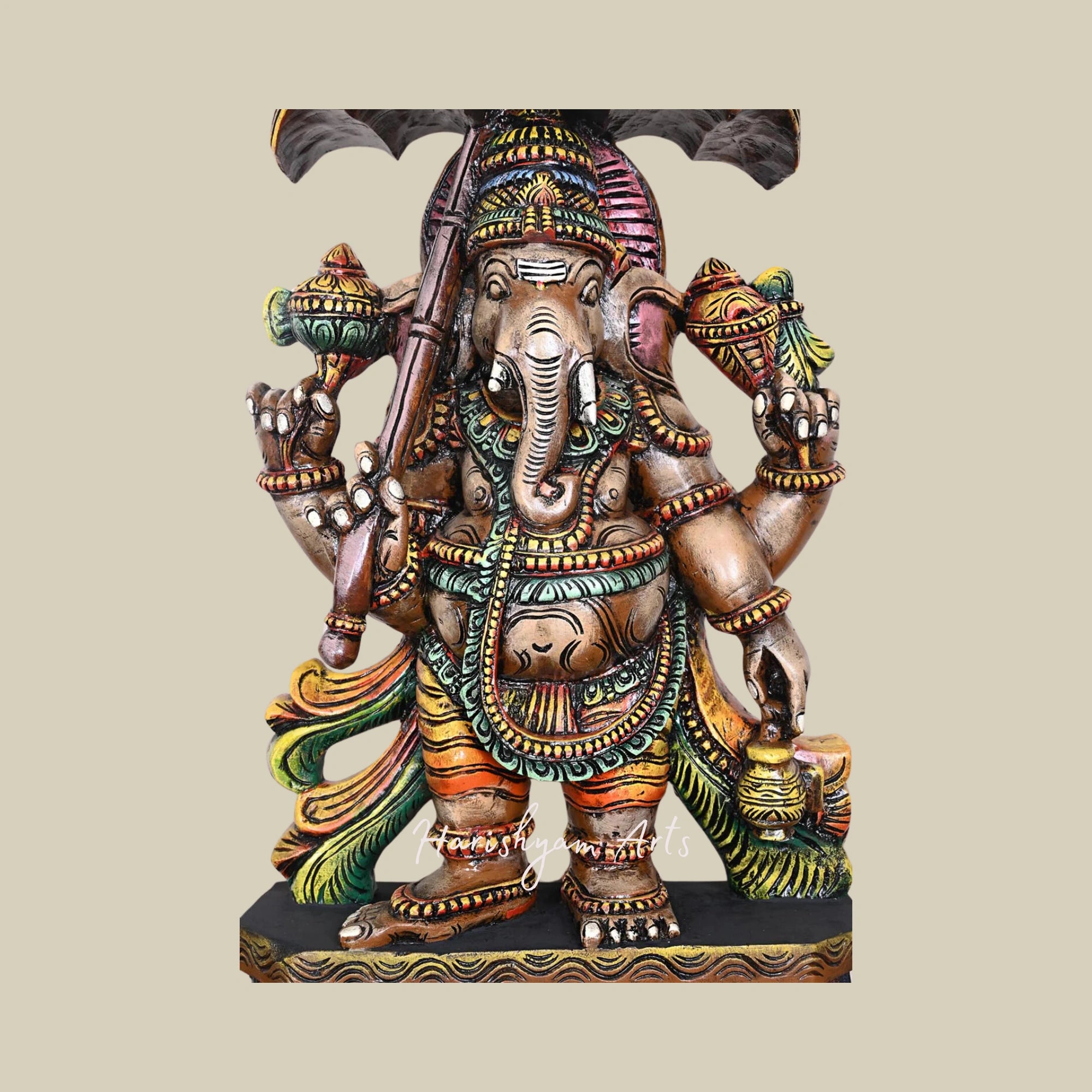 37" Colorful Wooden Umbrella Ganpati Holding Kalasam, Handcrafted Home and Office Decor Sculpture3