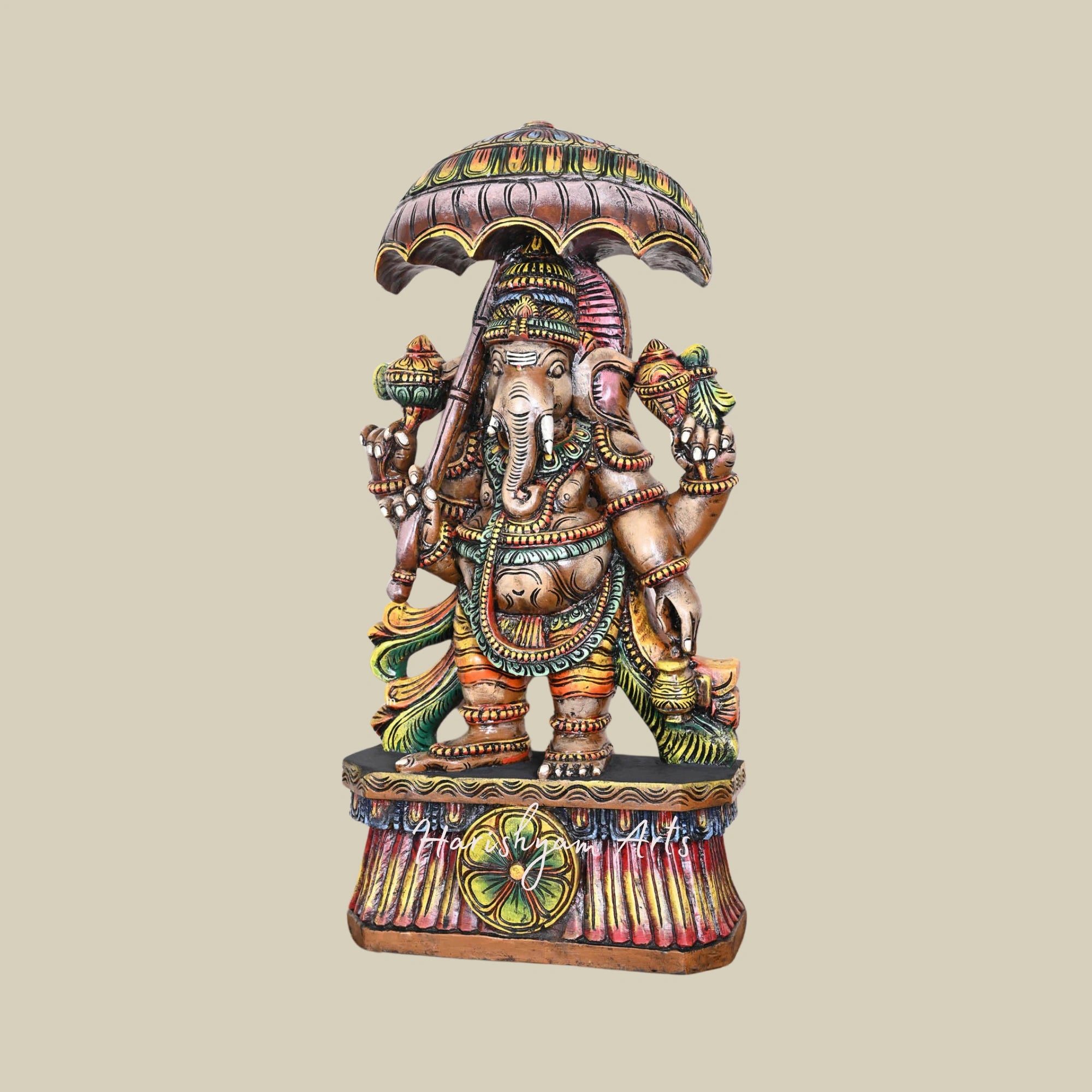 37" Colorful Wooden Umbrella Ganpati Holding Kalasam, Handcrafted Home and Office Decor Sculpture4