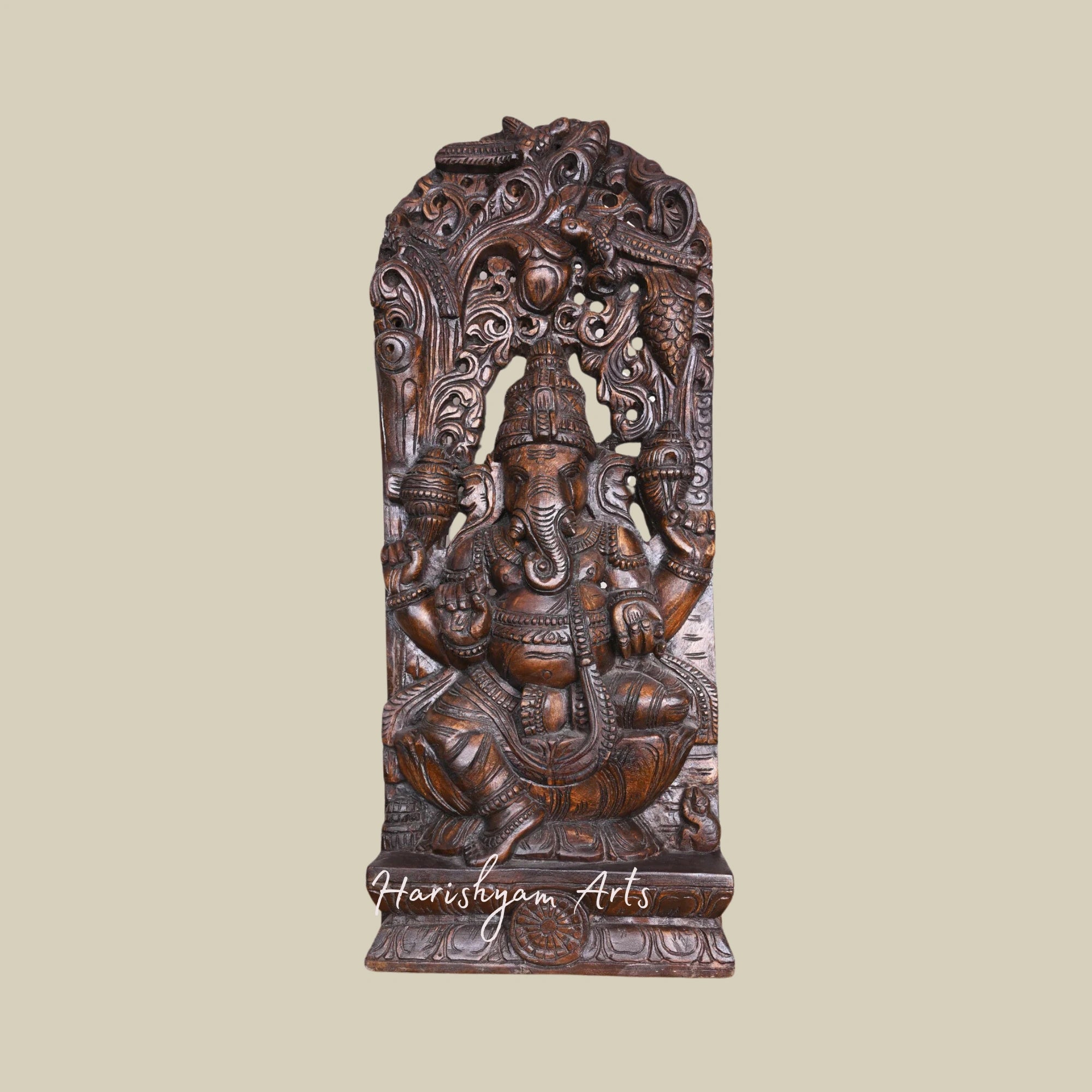 37" Decorative Wooden Ganesha on Lotus with Polished Finish and Handmade Jali Wall-Mount Design