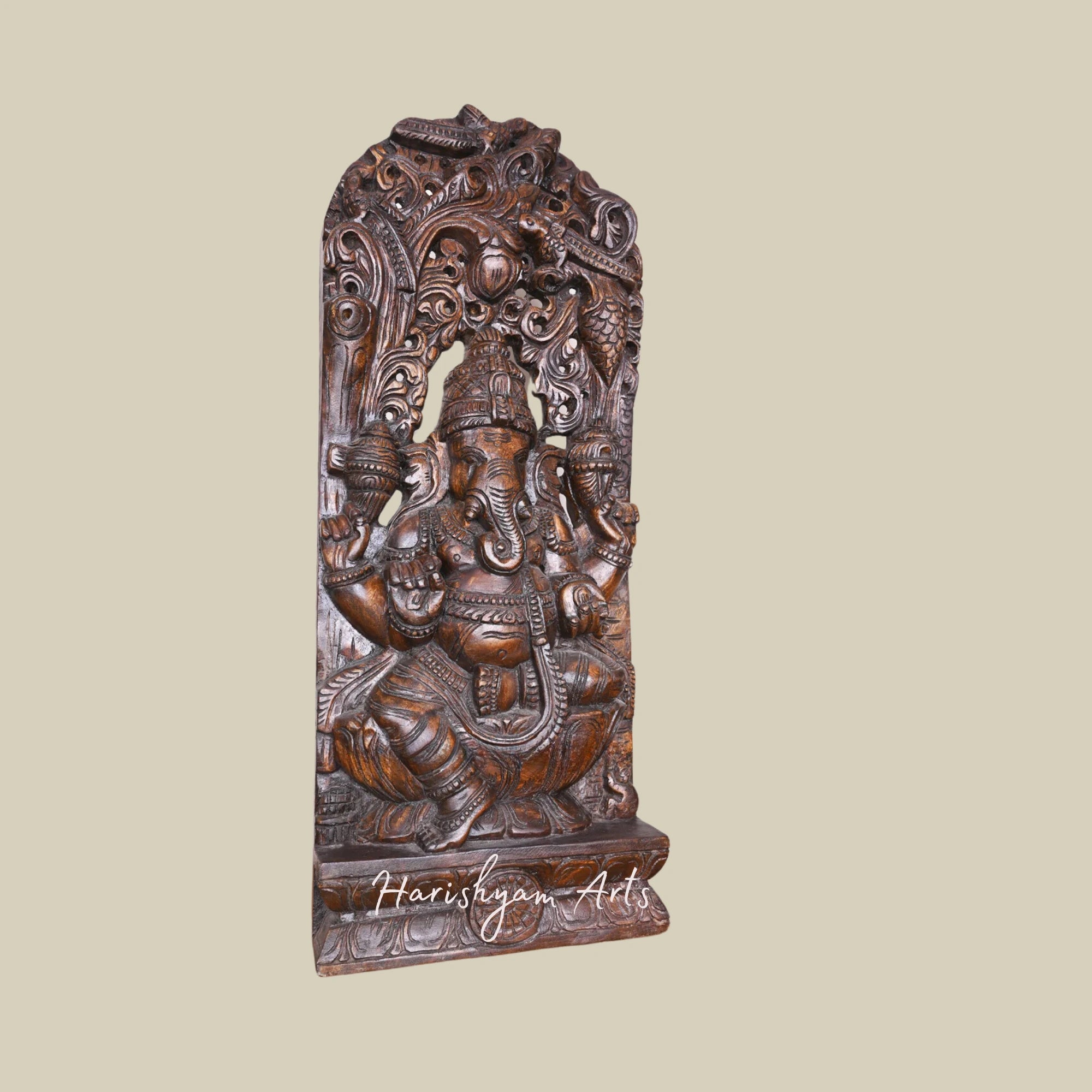 37" Decorative Wooden Ganesha on Lotus with Polished Finish and Handmade Jali Wall-Mount Design1