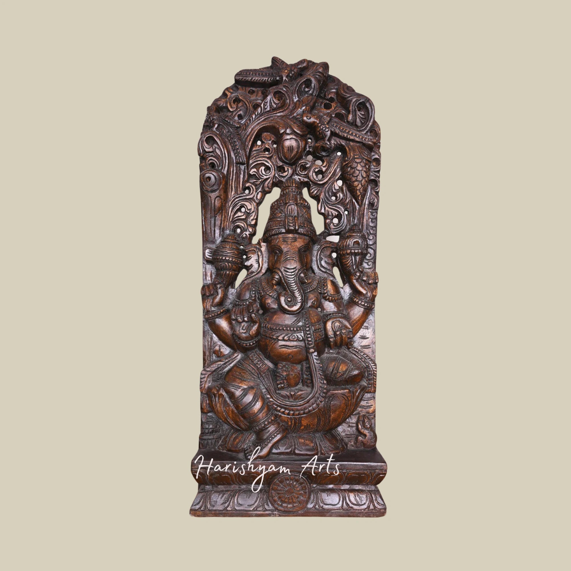 37" Decorative Wooden Ganesha on Lotus with Polished Finish and Handmade Jali Wall-Mount Design2