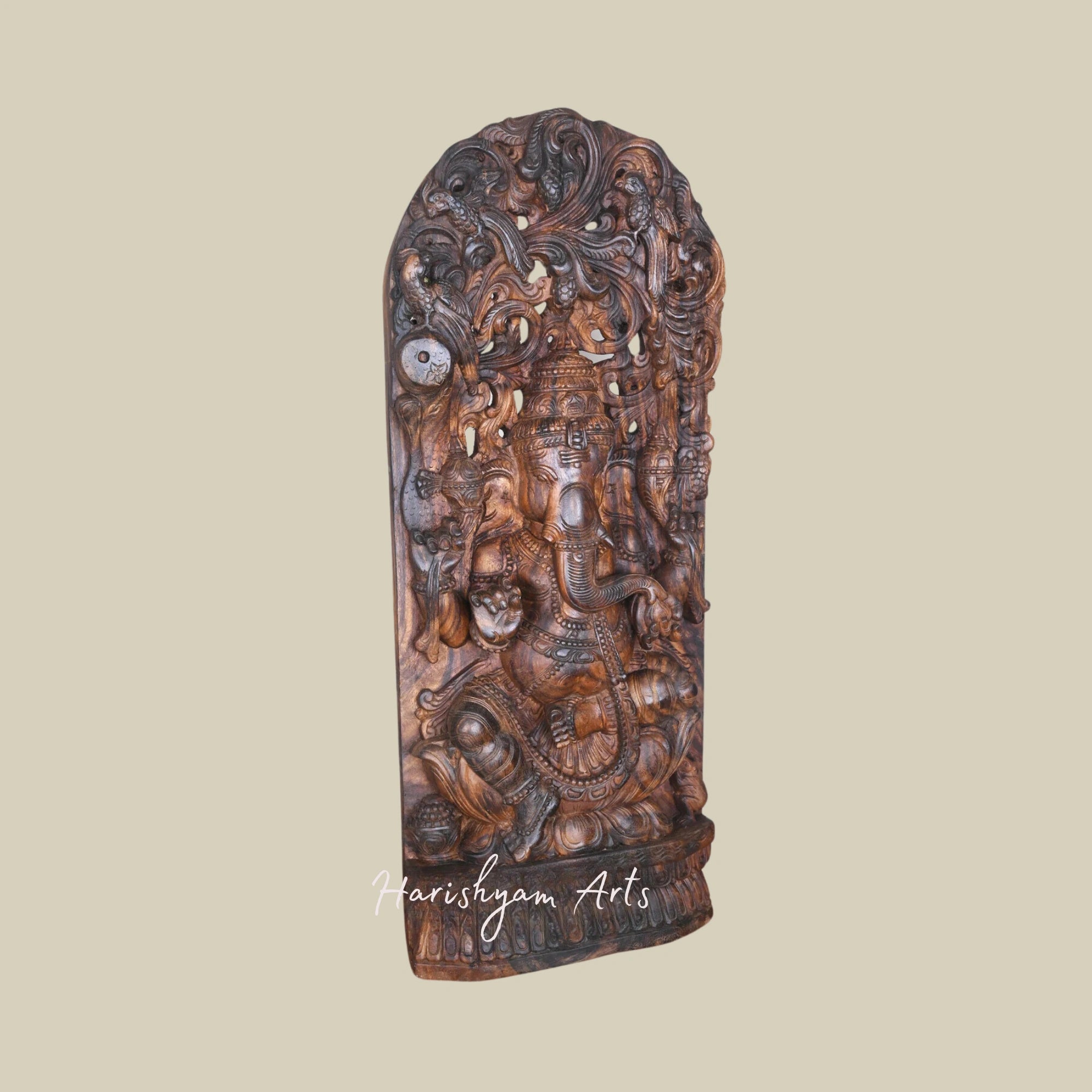 37" Handcrafted Wooden Ganesha Idol Eating Modak on Lotus with Intricate Jali Wall Mount Design1