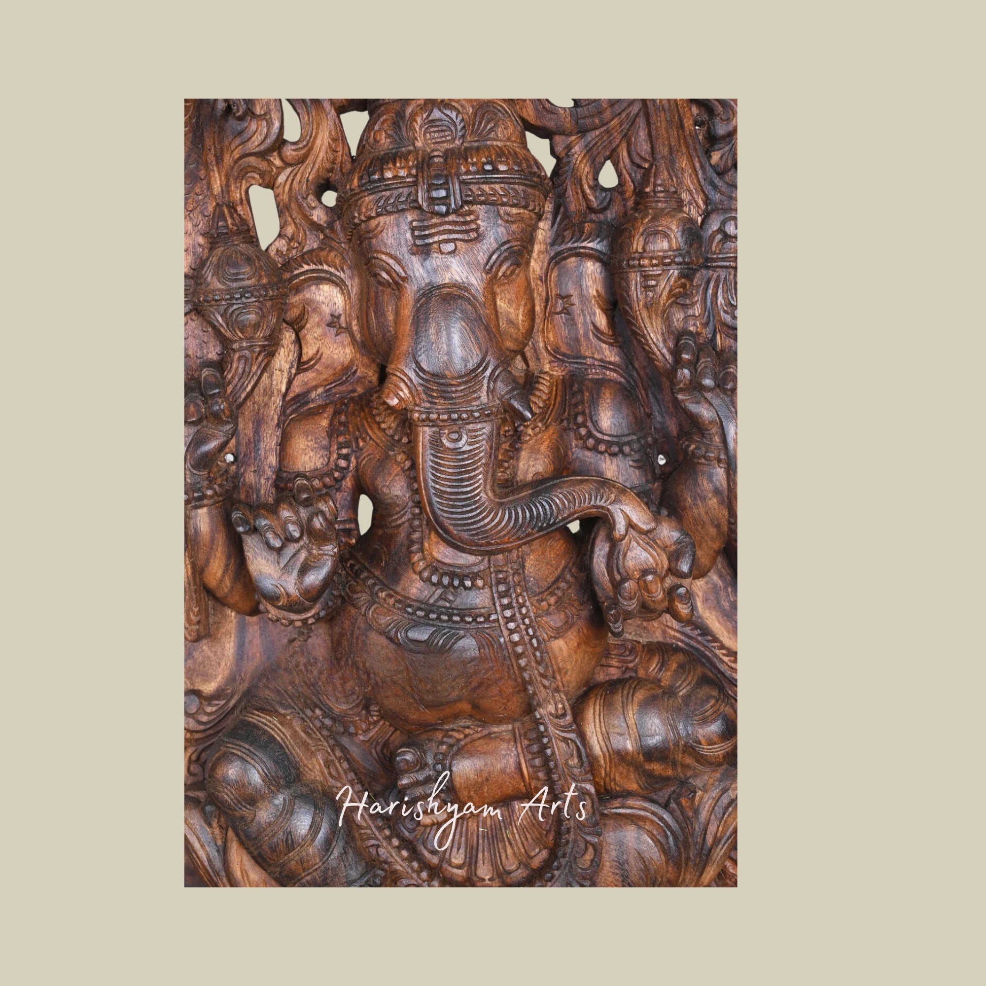 37" Handcrafted Wooden Ganesha Idol Eating Modak on Lotus with Intricate Jali Wall Mount Design2