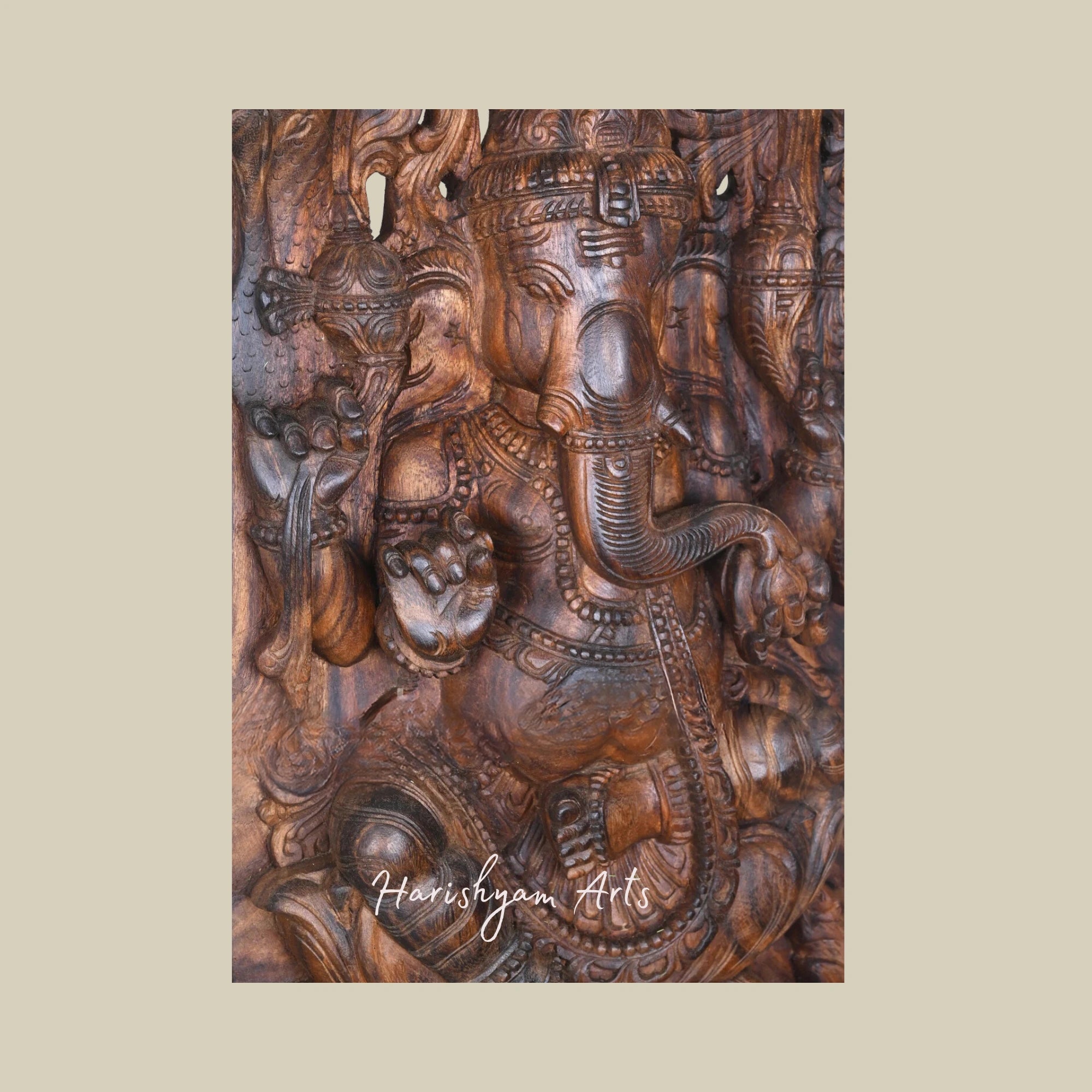 37" Handcrafted Wooden Ganesha Idol Eating Modak on Lotus with Intricate Jali Wall Mount Design3