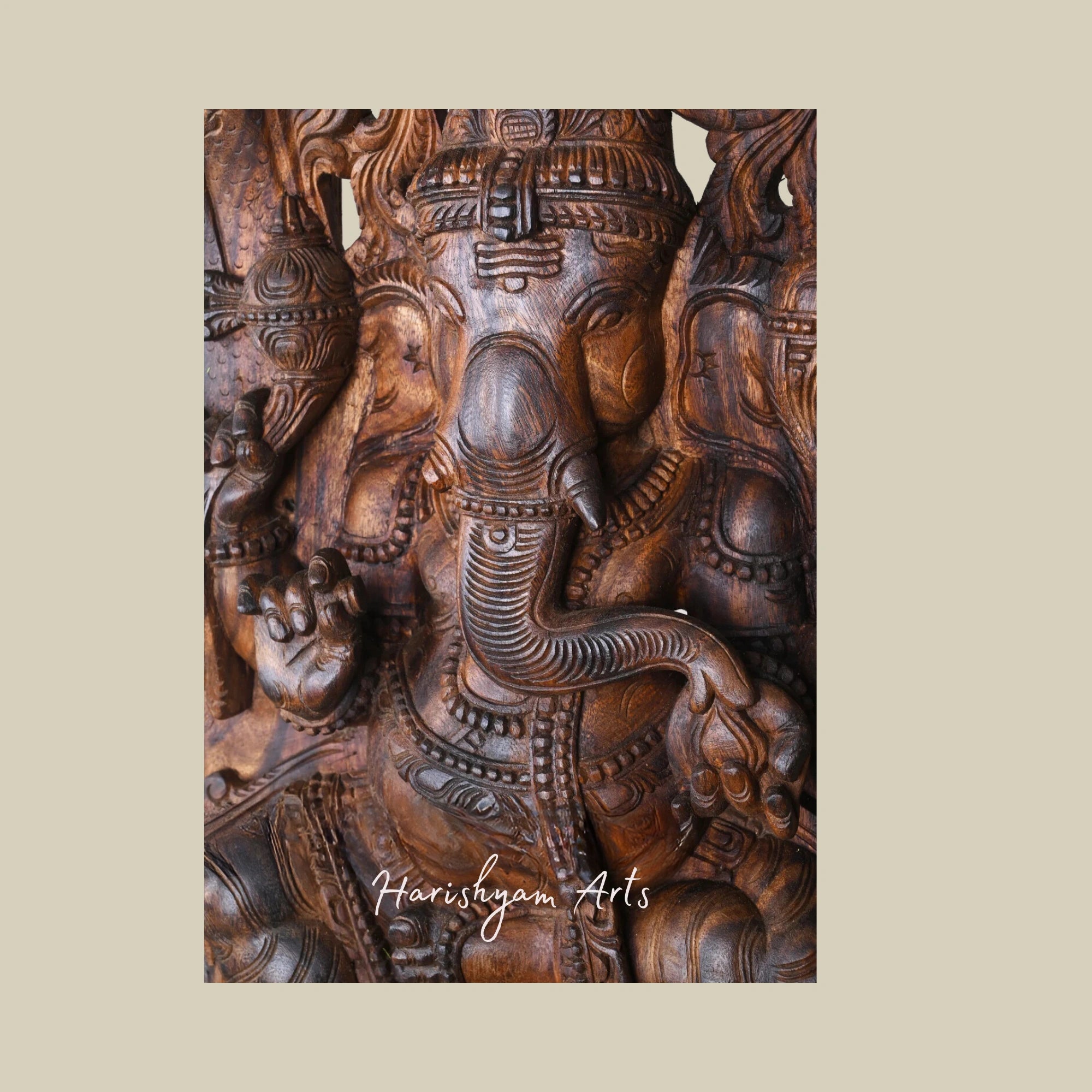 37" Handcrafted Wooden Ganesha Idol Eating Modak on Lotus with Intricate Jali Wall Mount Design4