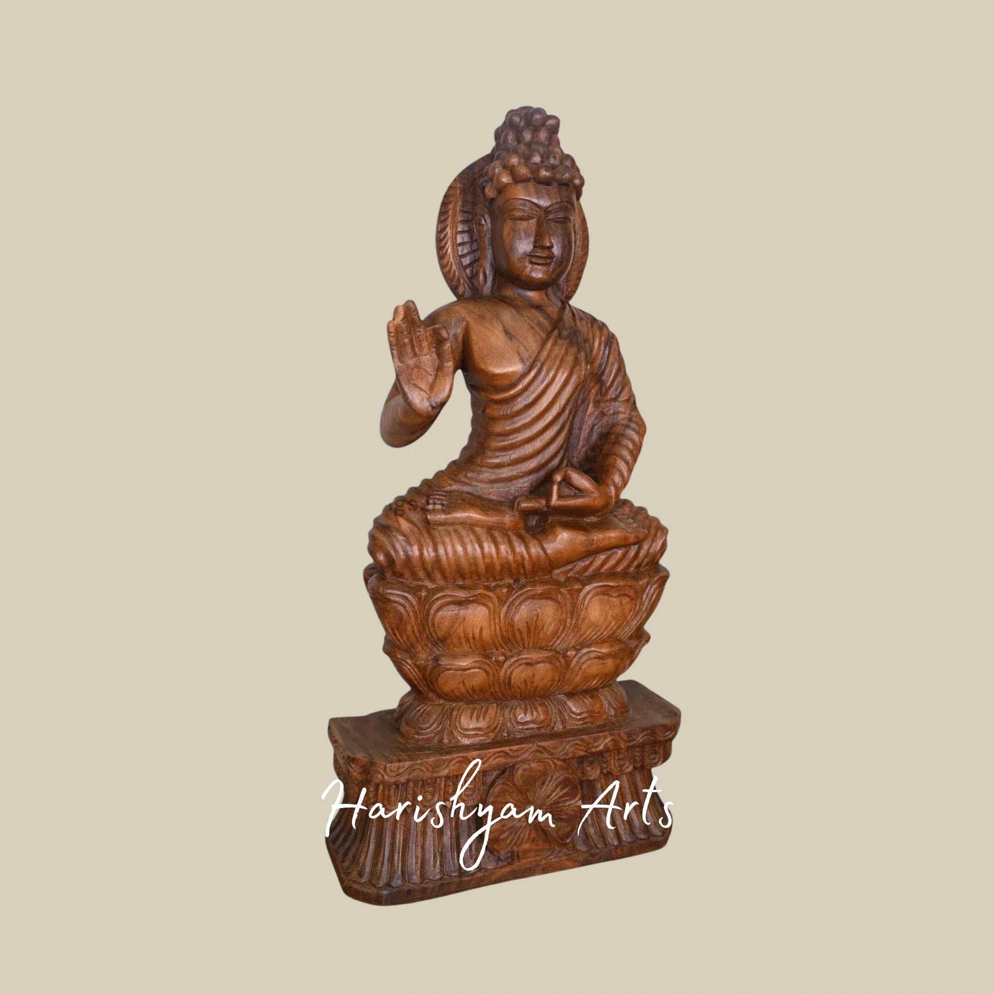 37" Handcrafted Wooden Seated Buddha on Double Petal Lotus in Vitarka Mudra