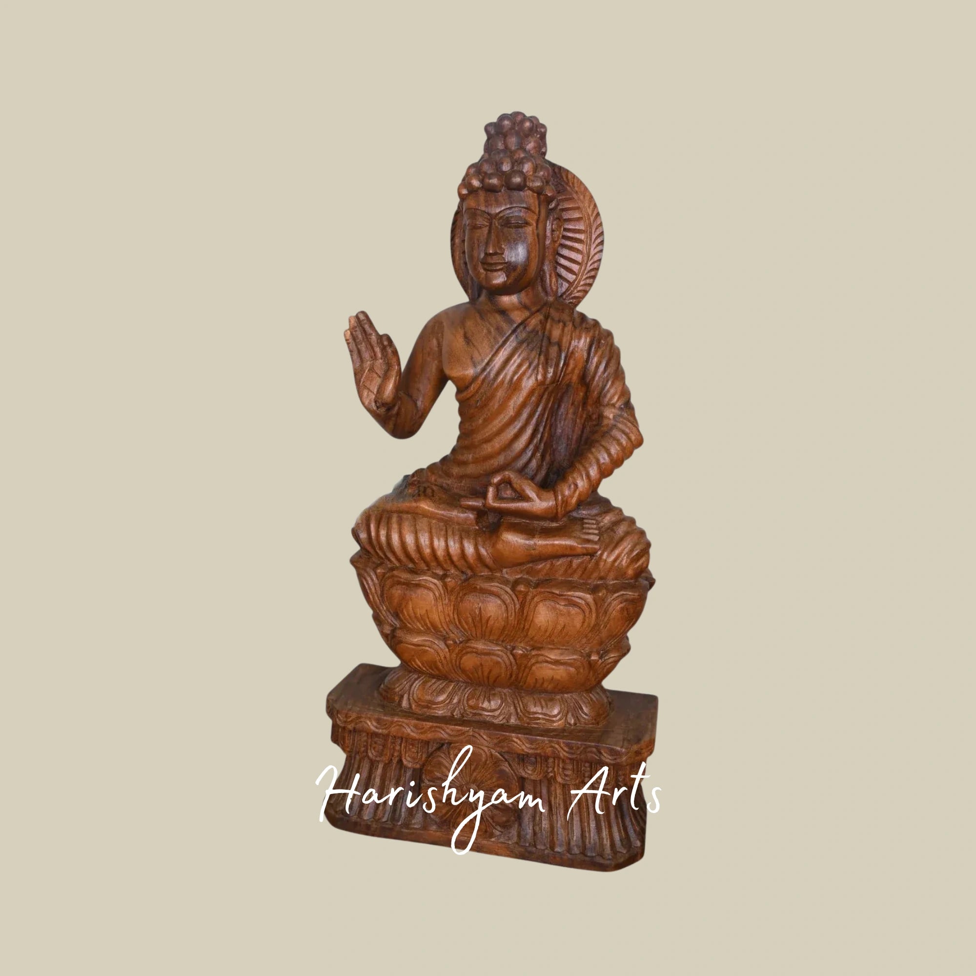 37" Handcrafted Wooden Seated Buddha on Double Petal Lotus in Vitarka Mudra