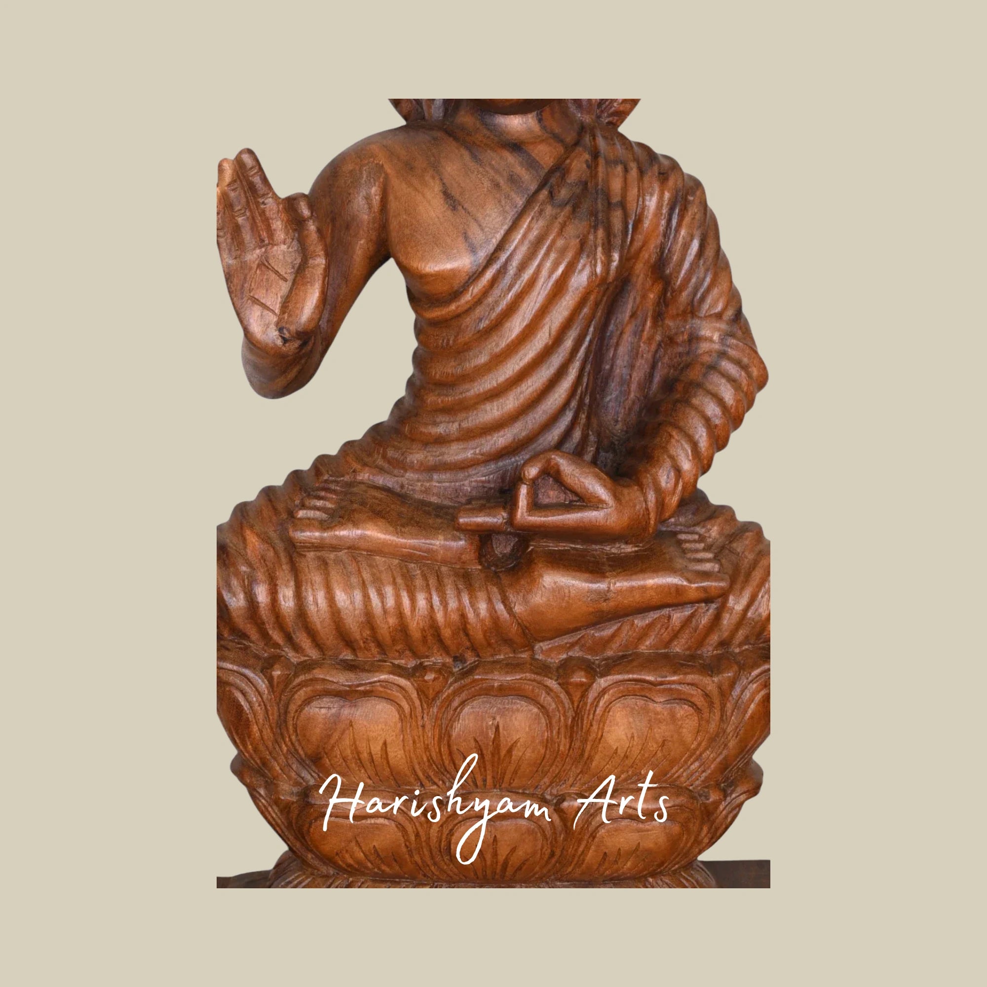 37" Handcrafted Wooden Seated Buddha on Double Petal Lotus in Vitarka Mudra
