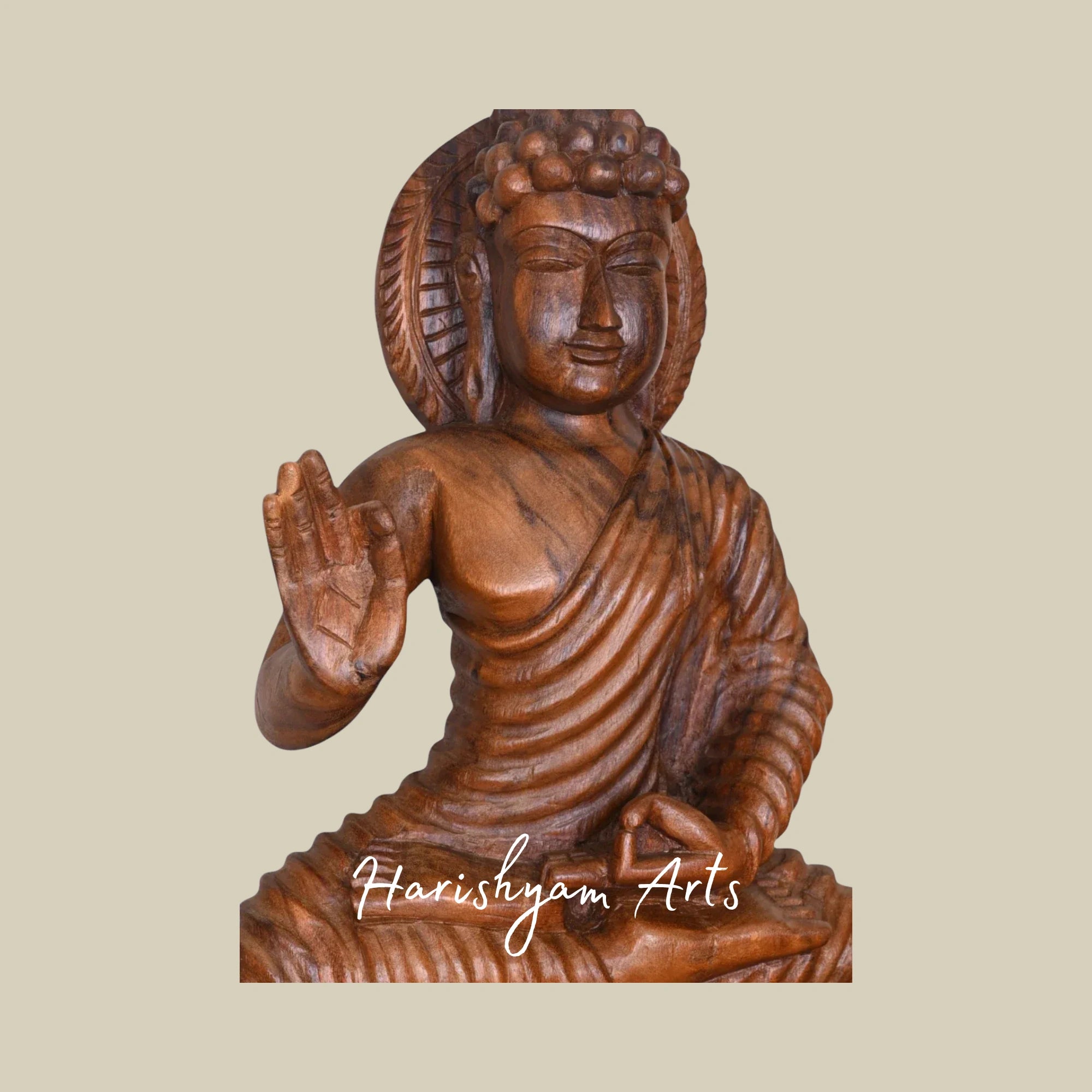 37" Handcrafted Wooden Seated Buddha on Double Petal Lotus in Vitarka Mudra