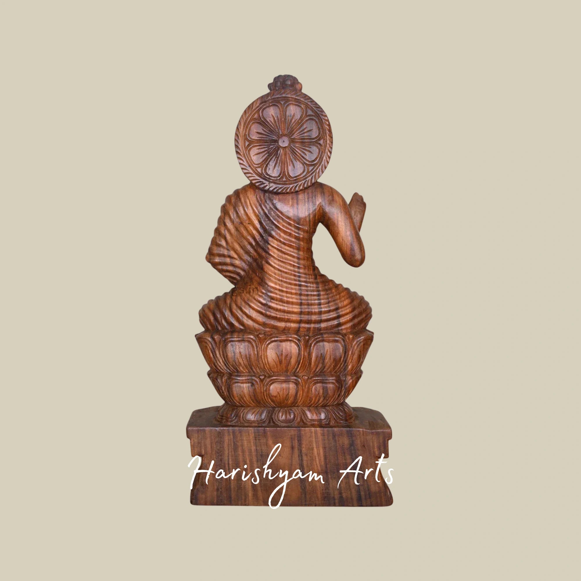 37" Handcrafted Wooden Seated Buddha on Double Petal Lotus in Vitarka Mudra