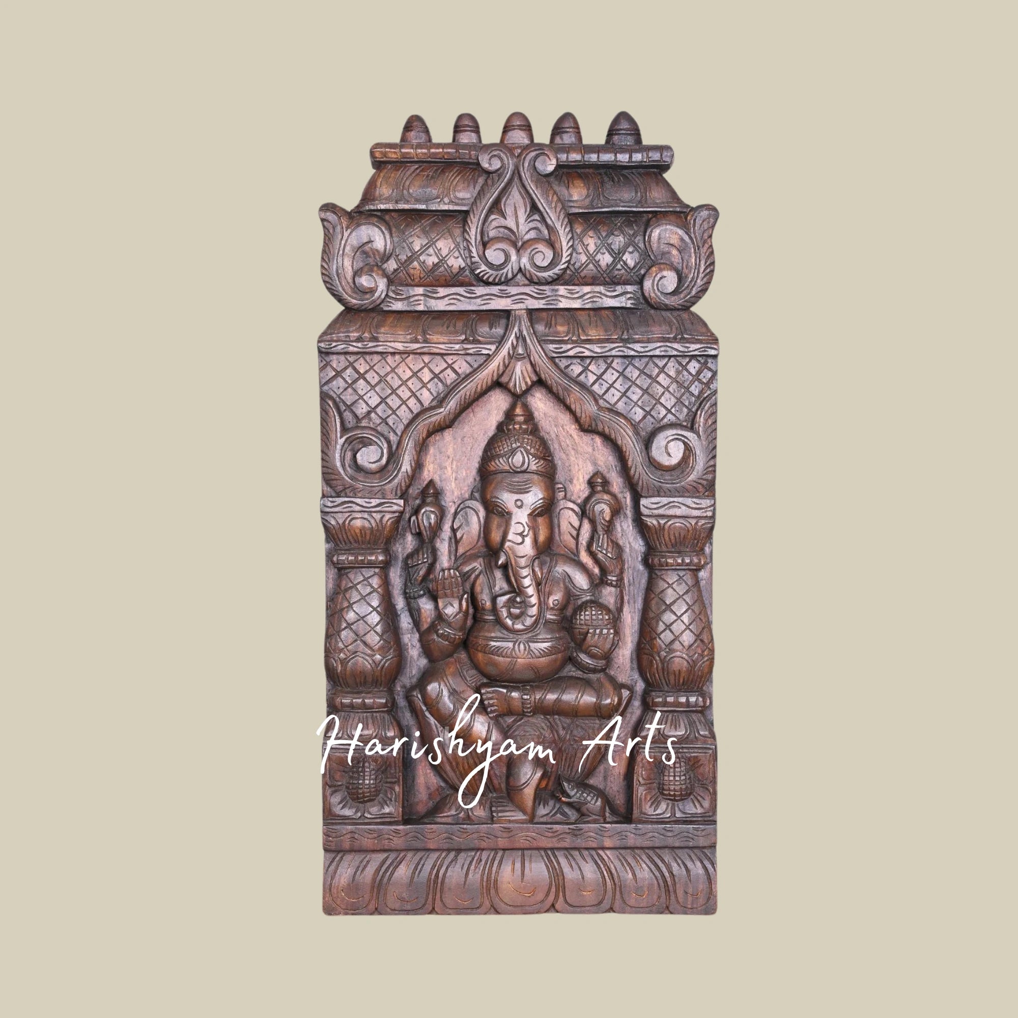 37" Handmade Wooden Ganapathi Kavadi with Pillar and Mandap Design Seated on Lotus