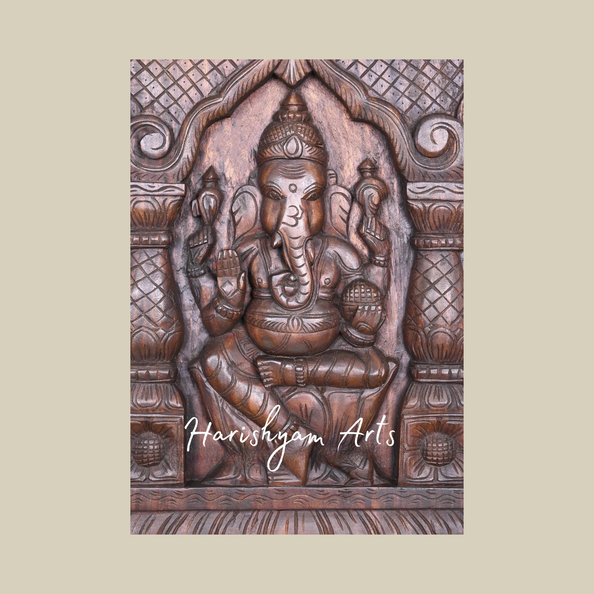 37" Handmade Wooden Ganapathi Kavadi with Pillar and Mandap Design Seated on Lotus