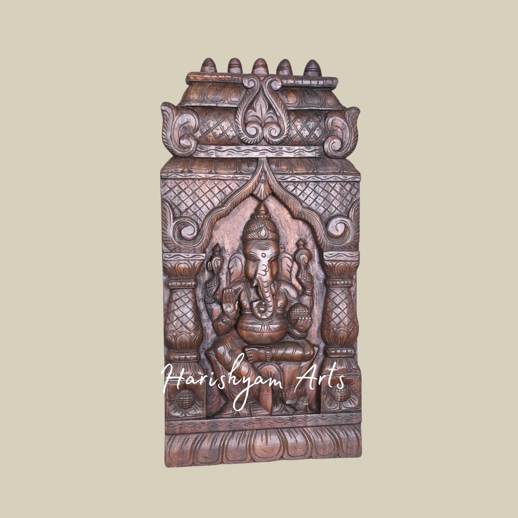 37" Handmade Wooden Ganapathi Kavadi with Pillar and Mandap Design Seated on Lotus