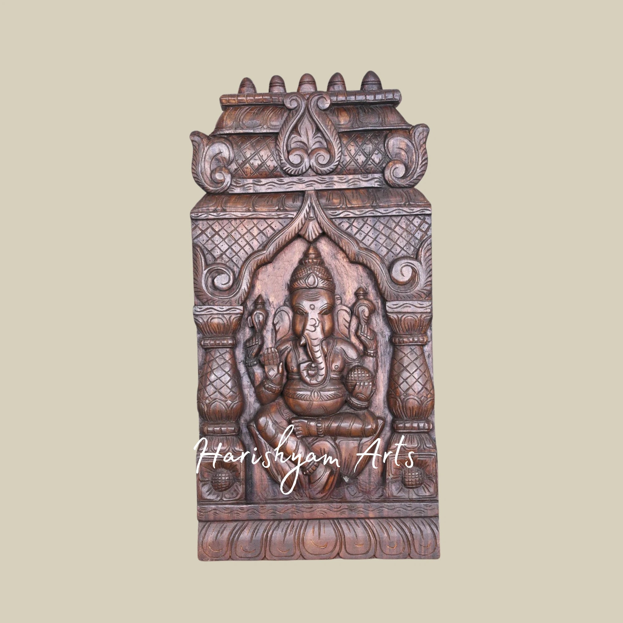 37" Handmade Wooden Ganapathi Kavadi with Pillar and Mandap Design Seated on Lotus