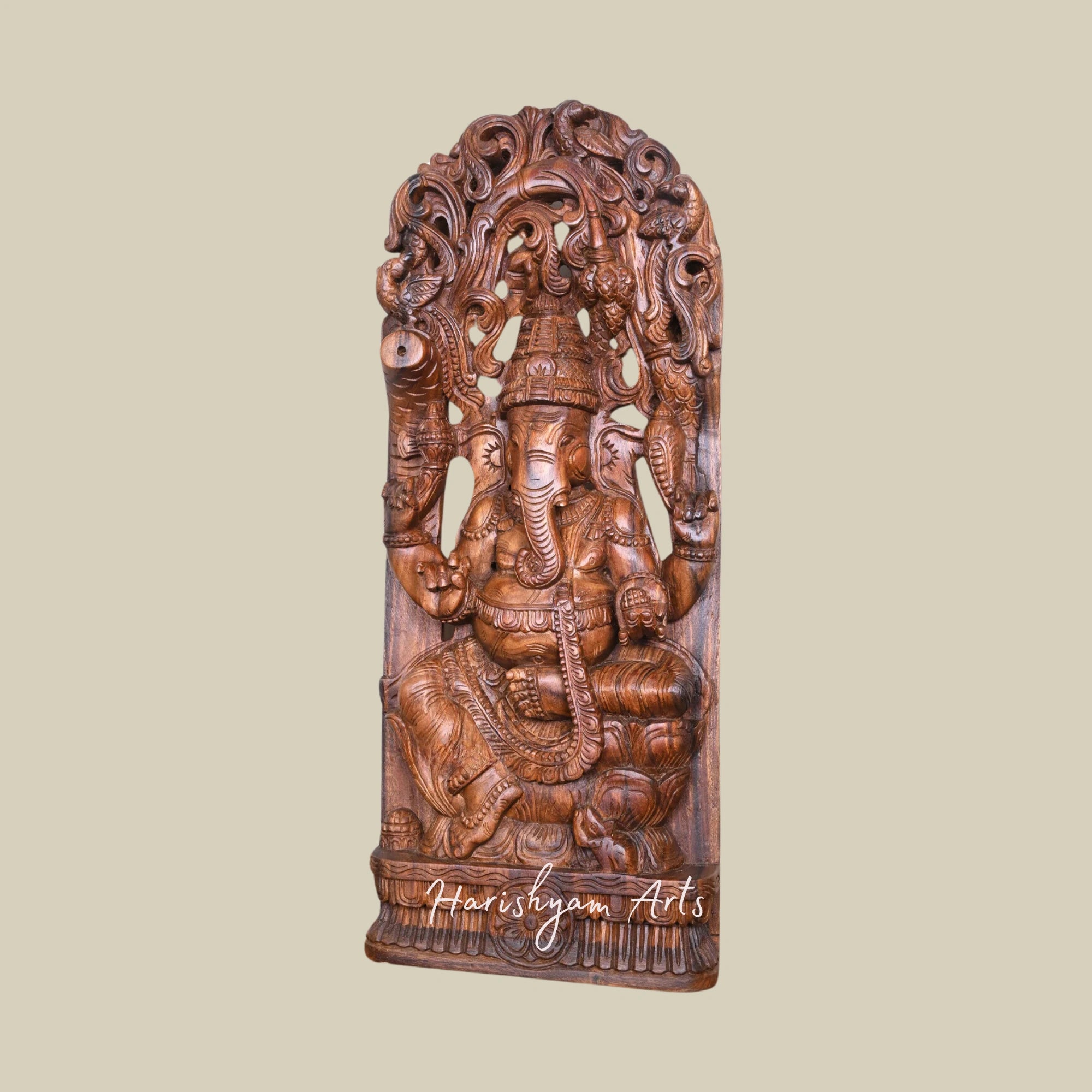 37" Handmade Wooden Ganpati Wall Mount Statue with Double Petal Lotus Design and Decorative Jali Work