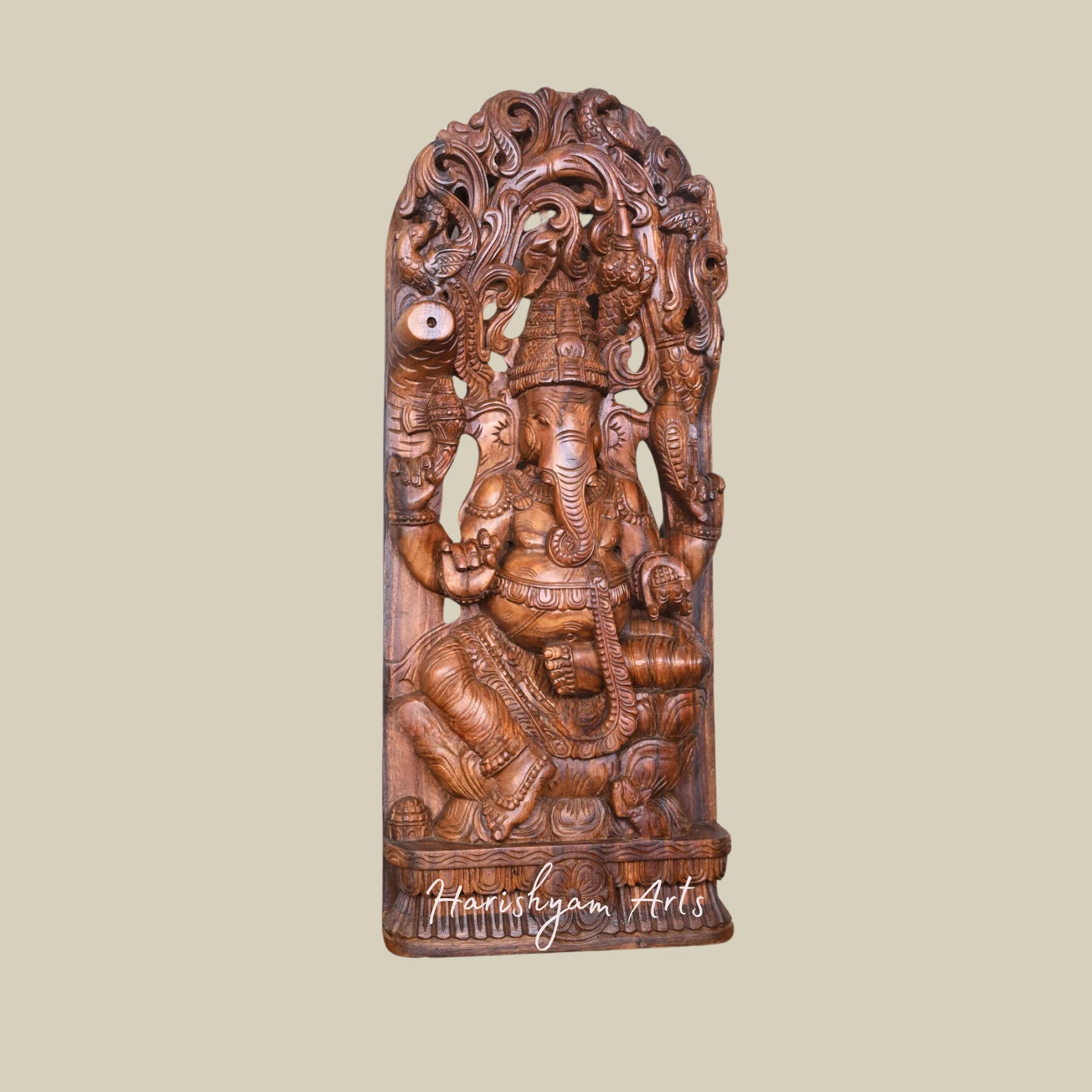 37" Handmade Wooden Ganpati Wall Mount Statue with Double Petal Lotus Design and Decorative Jali Work