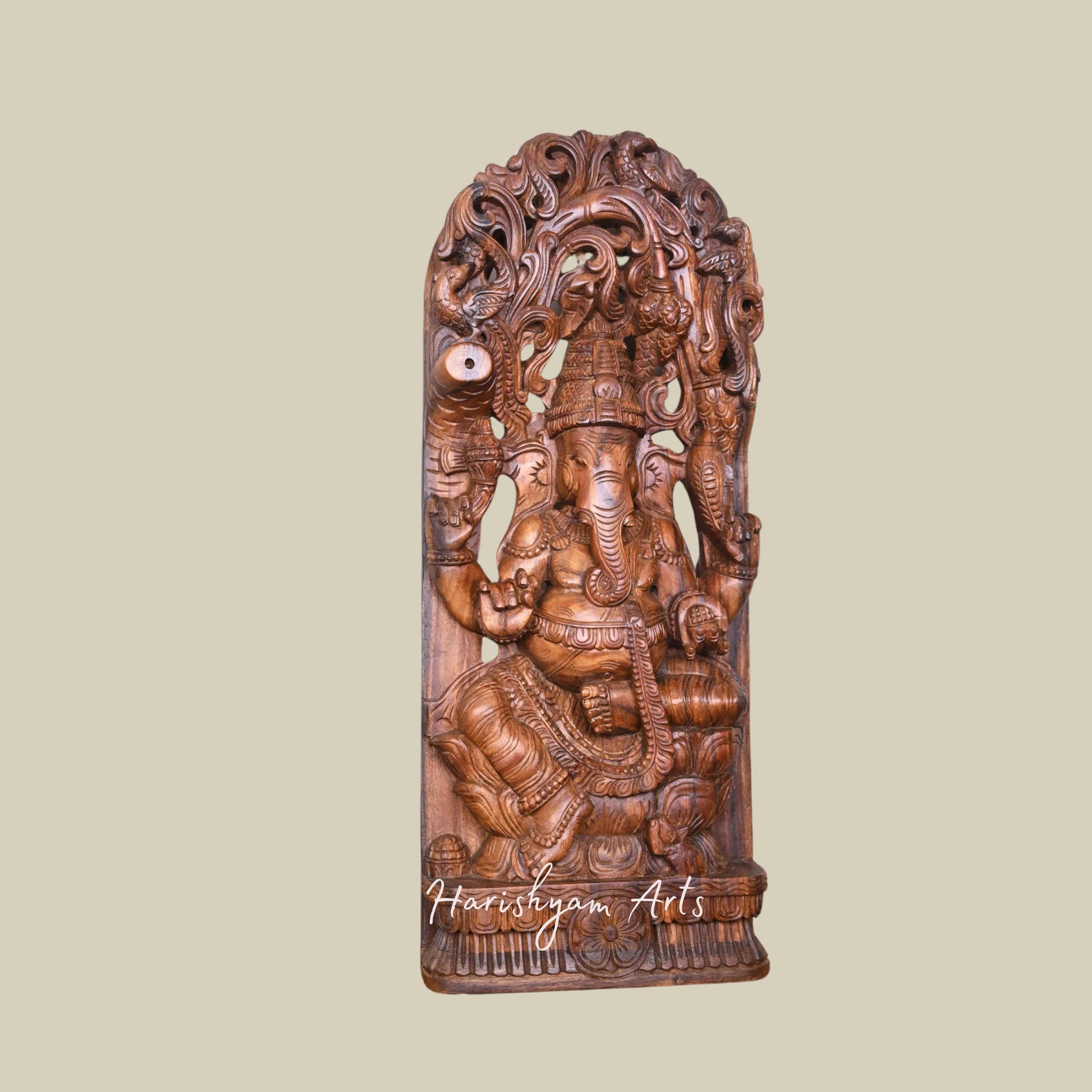 37" Handmade Wooden Ganpati Wall Mount Statue with Double Petal Lotus Design and Decorative Jali Work