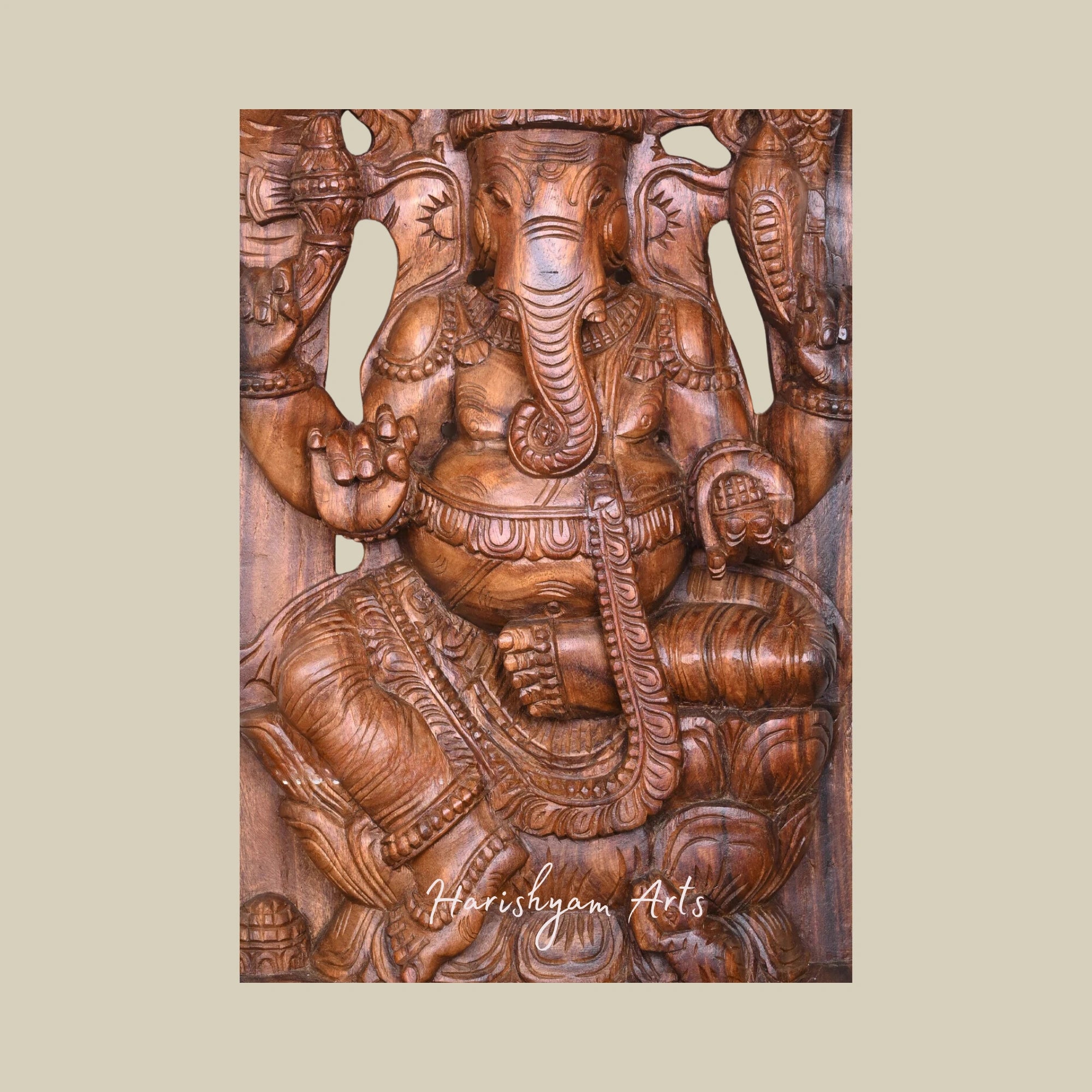 37" Handmade Wooden Ganpati Wall Mount Statue with Double Petal Lotus Design and Decorative Jali Work
