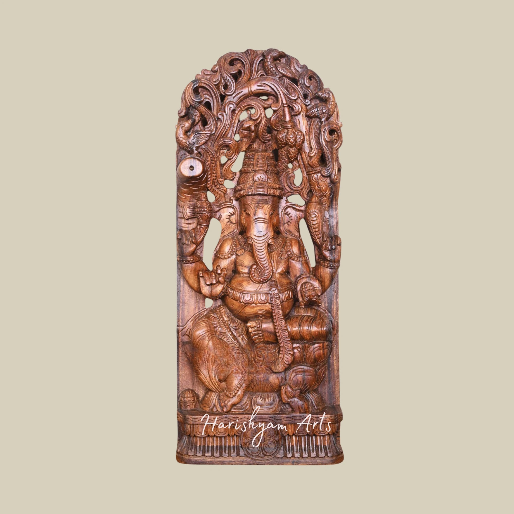 37" Handmade Wooden Ganpati Wall Mount Statue with Double Petal Lotus Design and Decorative Jali Work