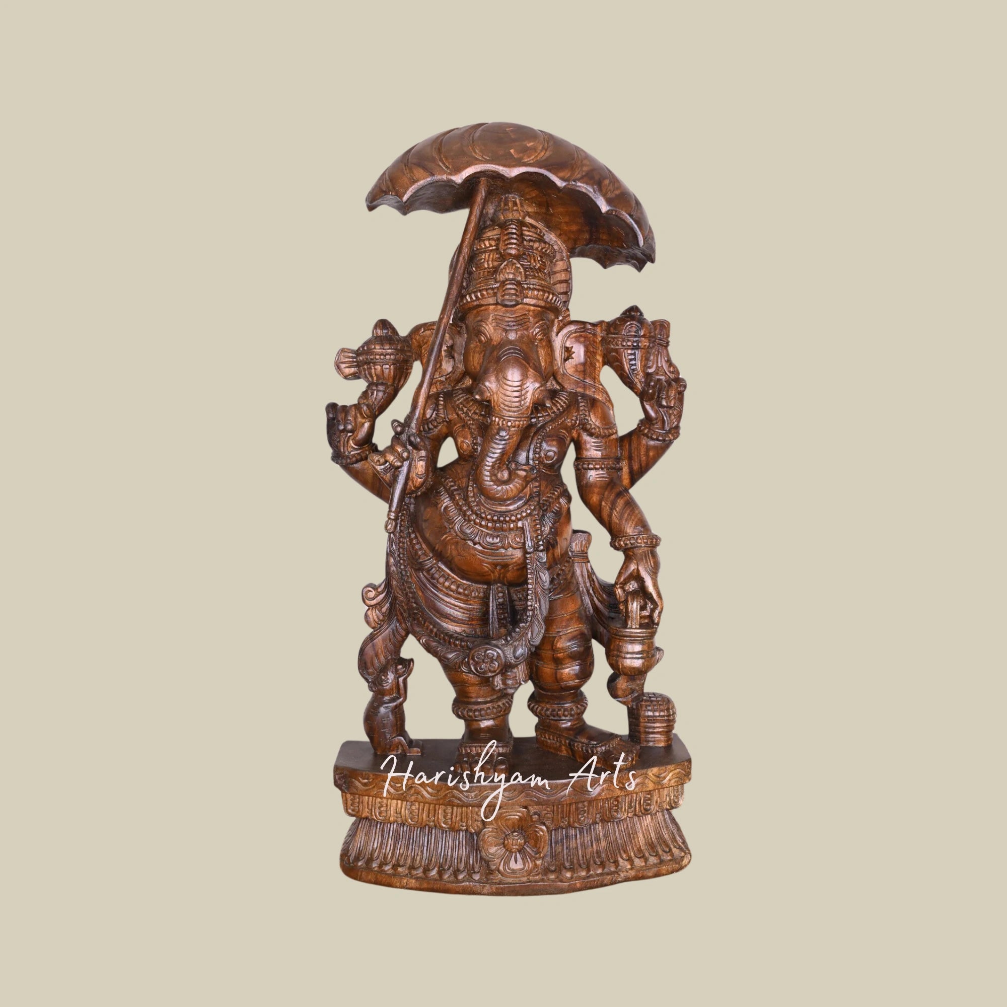 38" Wooden Ganesh Statues for Temple Standing on Base, Holding Kamandalam in His Hand, Polished Sculpture