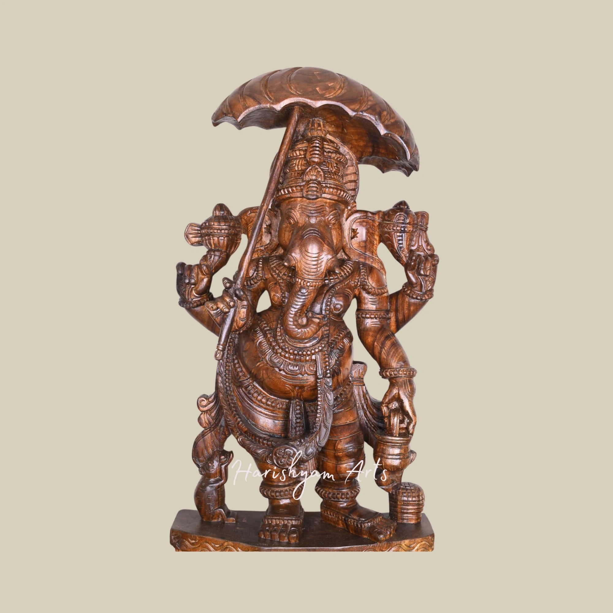38" Wooden Ganesh Statues for Temple Standing on Base, Holding Kamandalam in His Hand, Polished Sculpture1