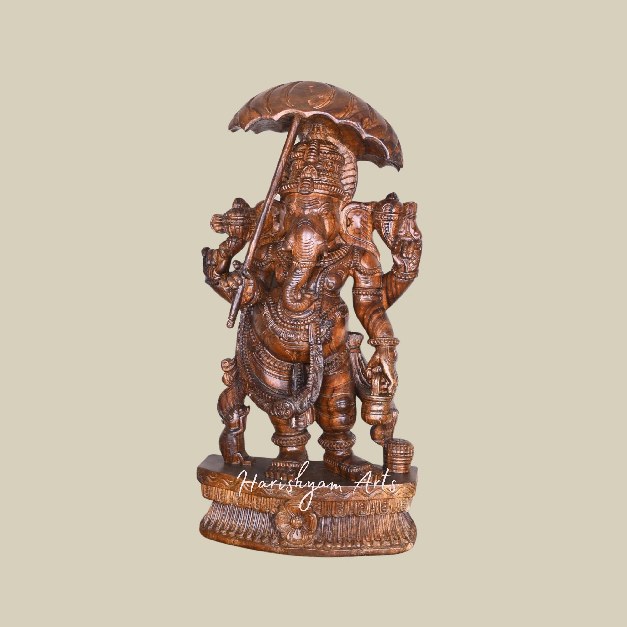 38" Wooden Ganesh Statues for Temple Standing on Base, Holding Kamandalam in His Hand, Polished Sculpture2