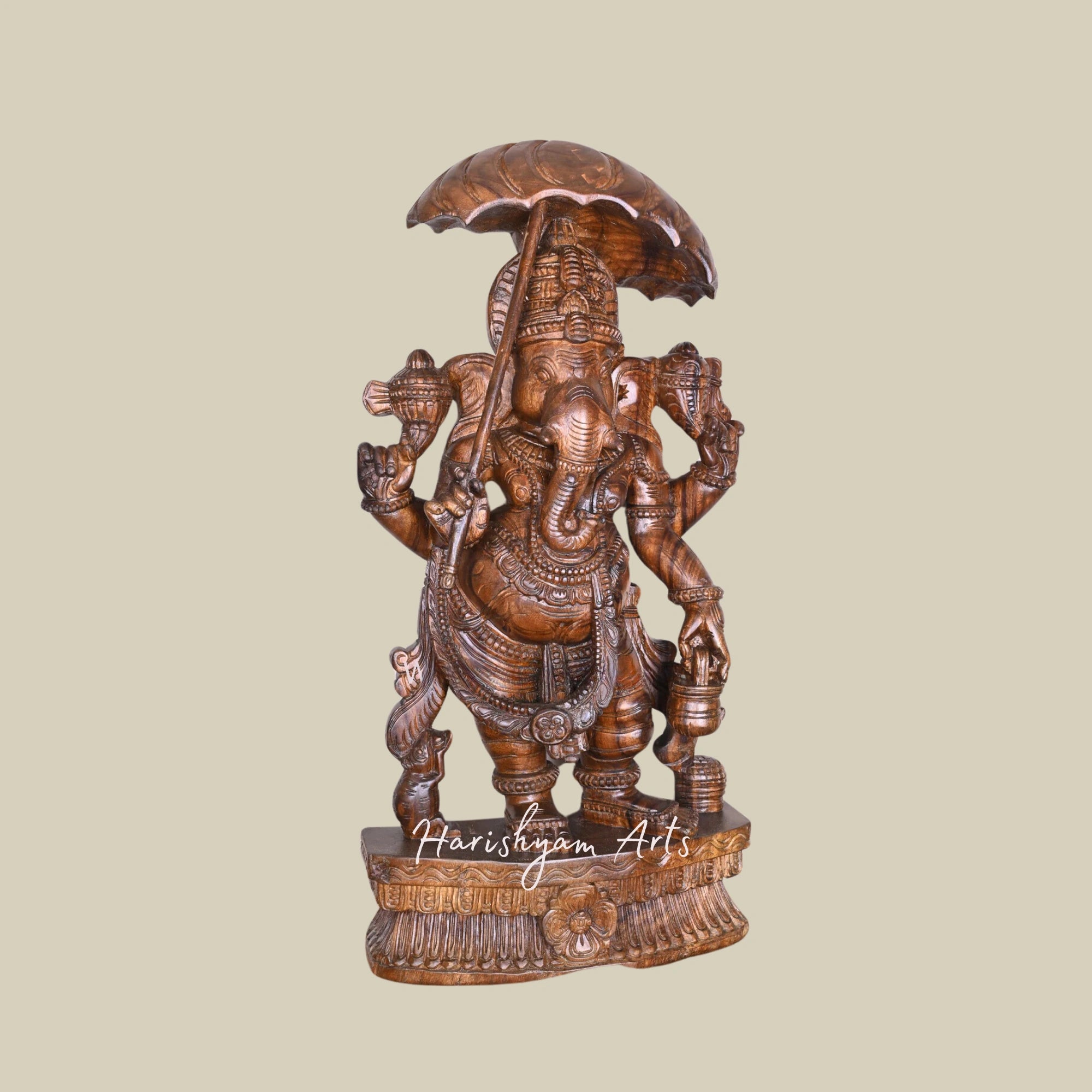 38" Wooden Ganesh Statues for Temple Standing on Base, Holding Kamandalam in His Hand, Polished Sculpture3