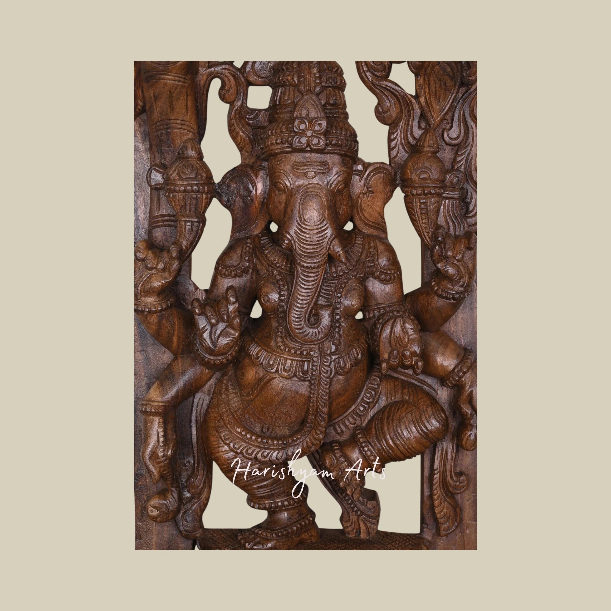 39" Unique Carved Wooden Ganesha Murti Dancing on Petal Lotus with Six Arms and Jali Work Wall Hanging