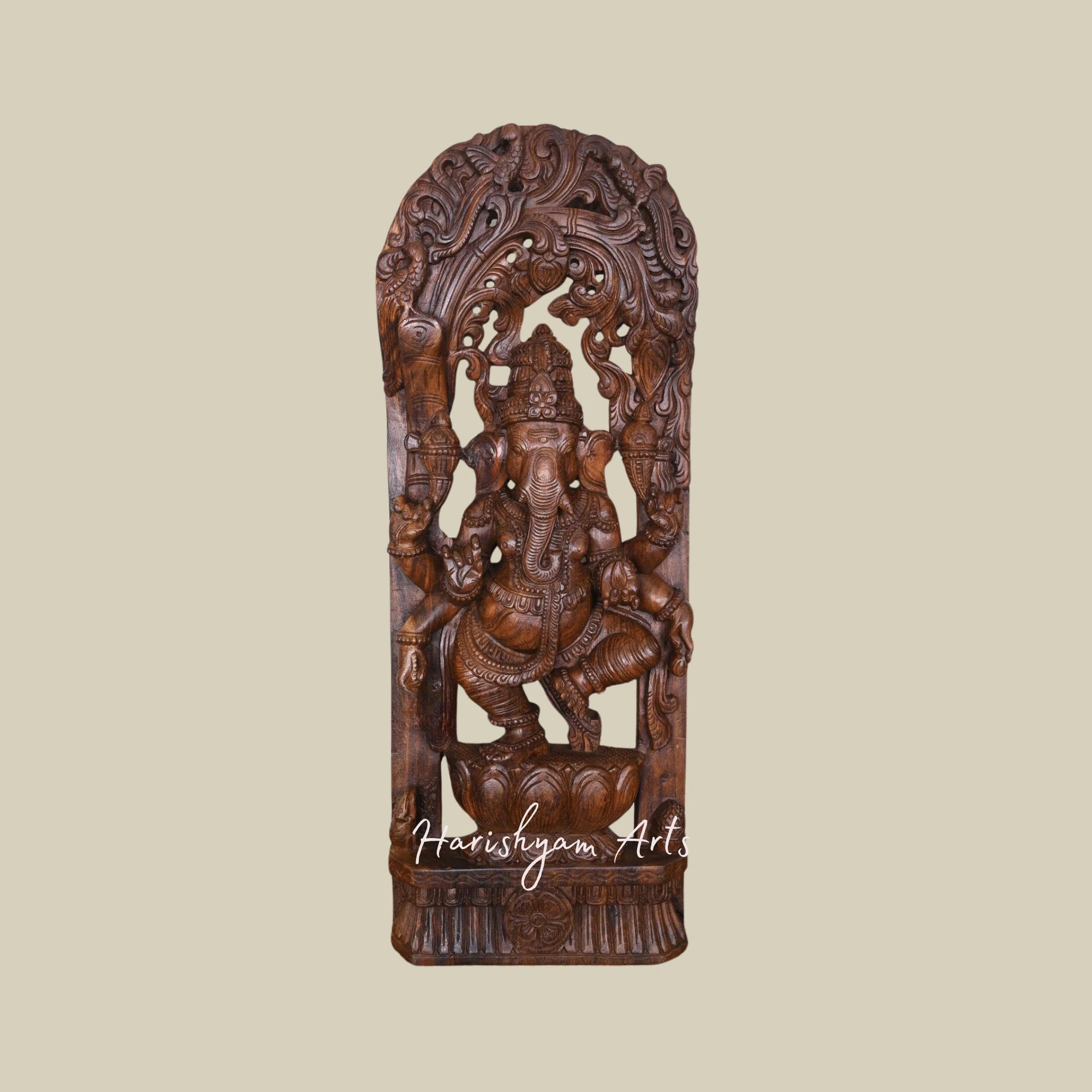 39" Unique Carved Wooden Ganesha Murti Dancing on Petal Lotus with Six Arms and Jali Work Wall Hanging1