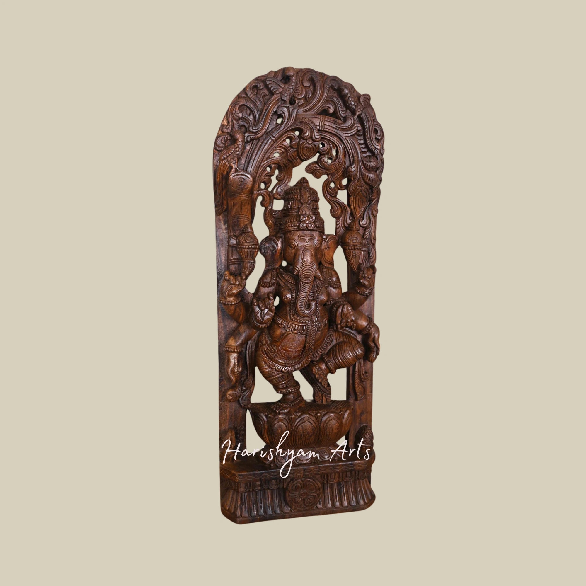 39" Unique Carved Wooden Ganesha Murti Dancing on Petal Lotus with Six Arms and Jali Work Wall Hanging2