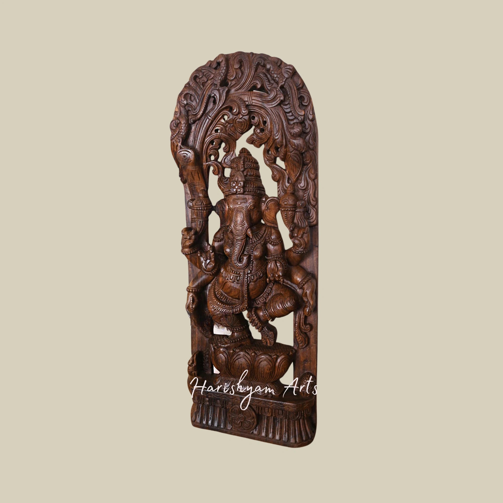 39" Unique Carved Wooden Ganesha Murti Dancing on Petal Lotus with Six Arms and Jali Work Wall Hanging3