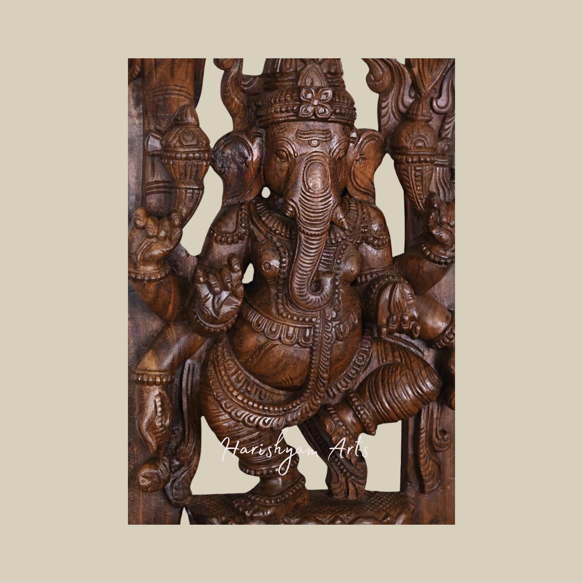 39" Unique Carved Wooden Ganesha Murti Dancing on Petal Lotus with Six Arms and Jali Work Wall Hanging4