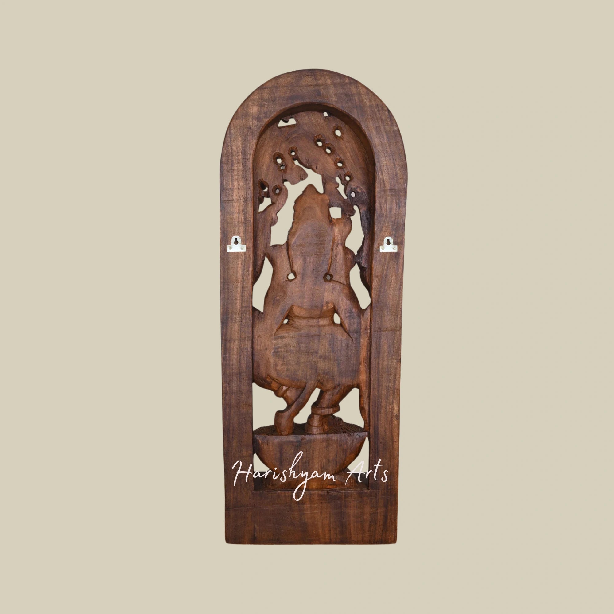 39" Unique Carved Wooden Ganesha Murti Dancing on Petal Lotus with Six Arms and Jali Work Wall Hanging