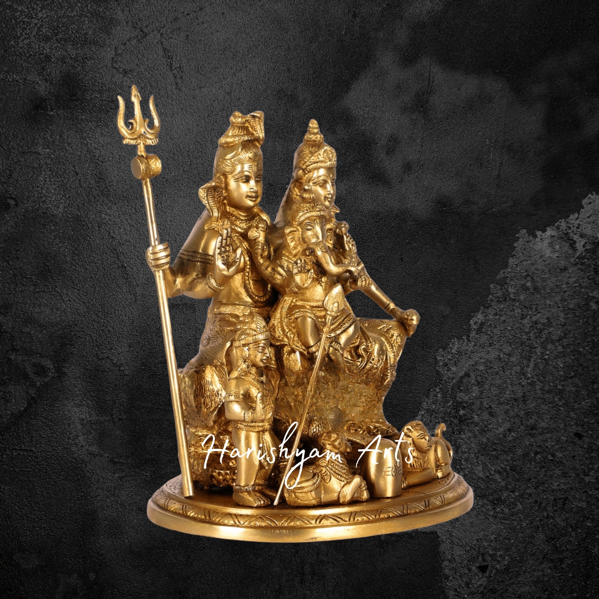 14" Brass Shiva Family Idol with Nandi in Handcrafted Superfine Finish