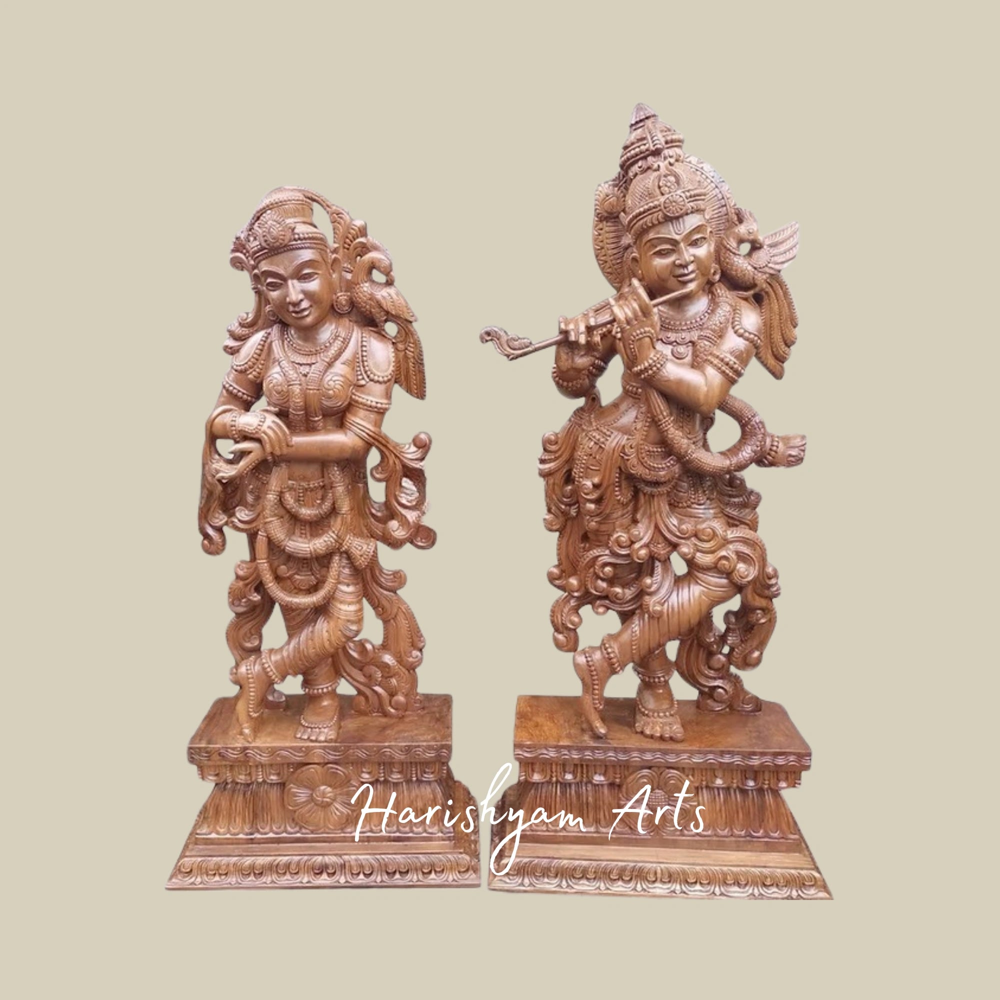 42" Elegant Wooden Radha Krishna Murti for Home Temple and Decor