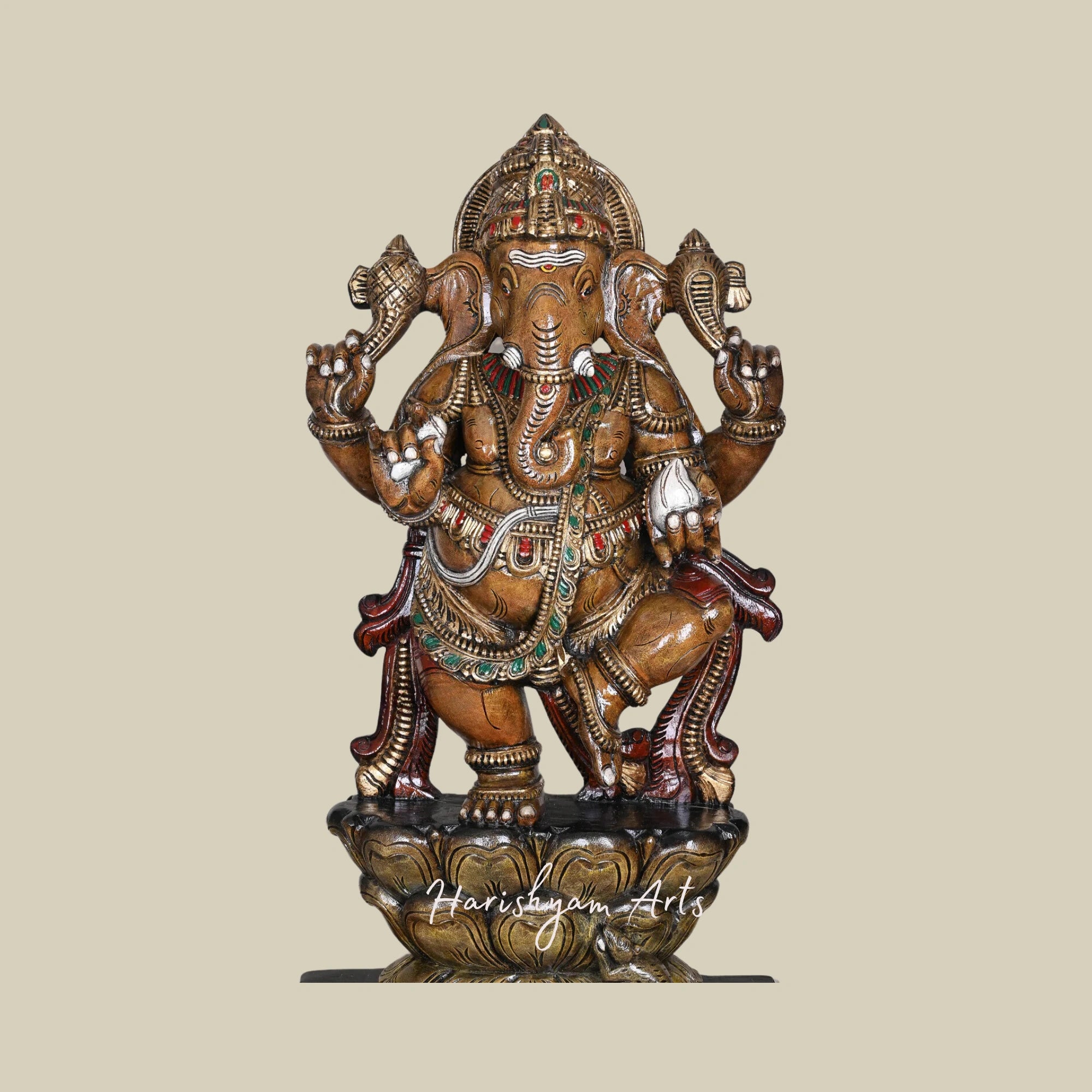 42" Maha Ganesh Dancing on Grey Double Petal Lotus White Modak Holding Sculpture