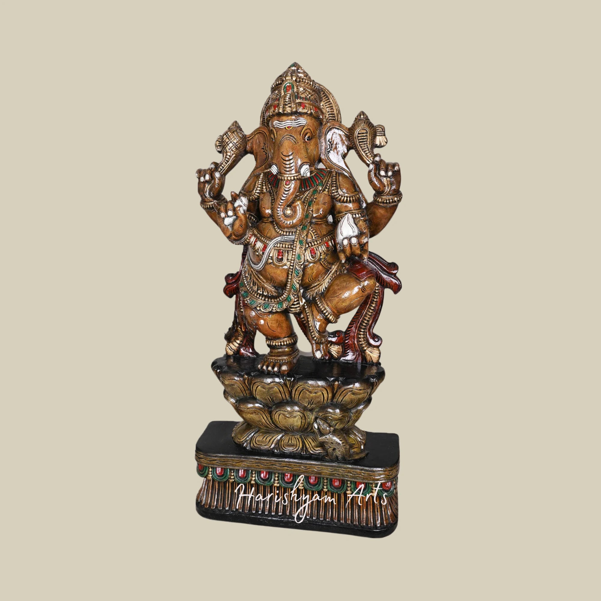 42" Maha Ganesh Dancing on Grey Double Petal Lotus White Modak Holding Sculpture