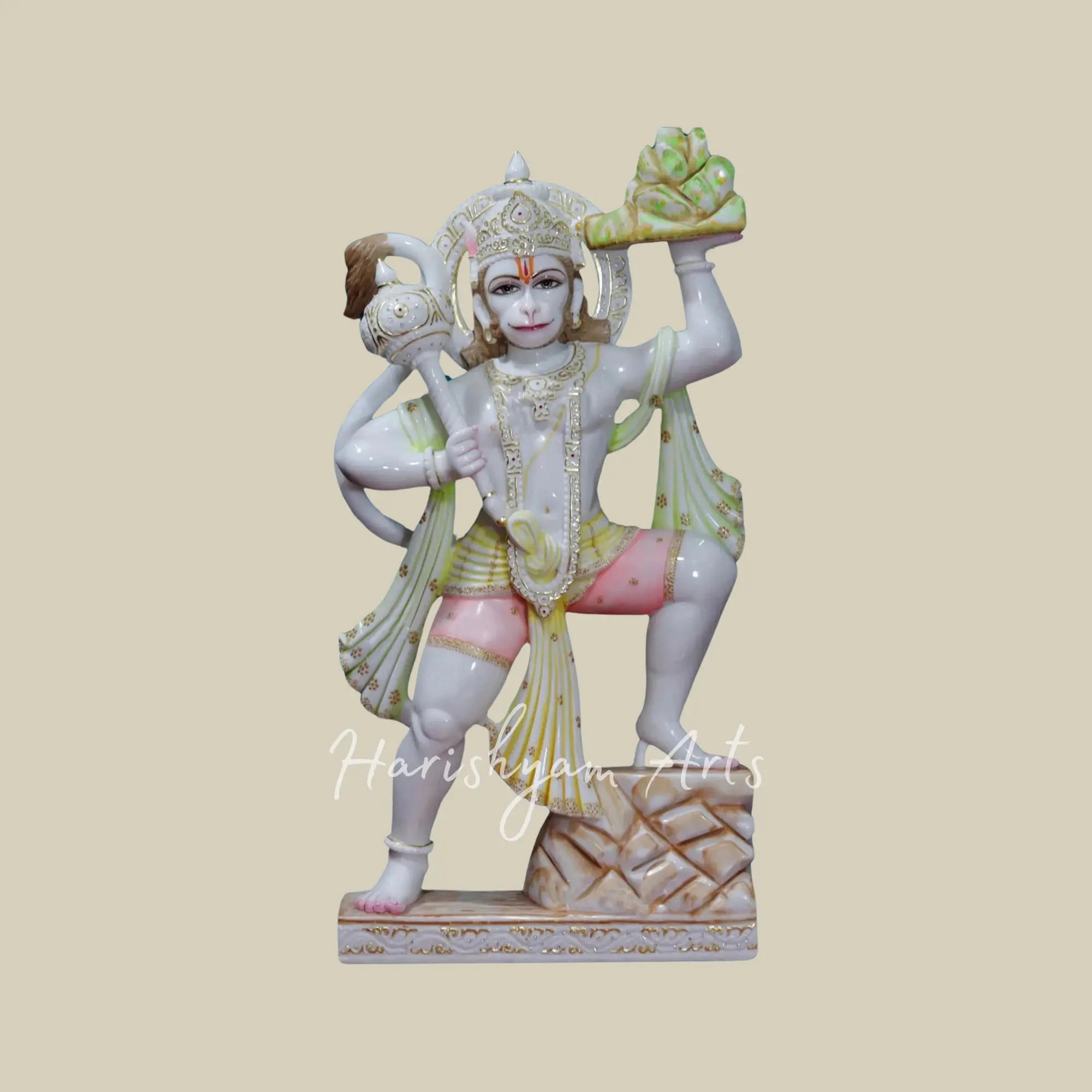 42 inches Lord Hanuman Carrying Sanjeevni Mountain Makrana Marble Statue