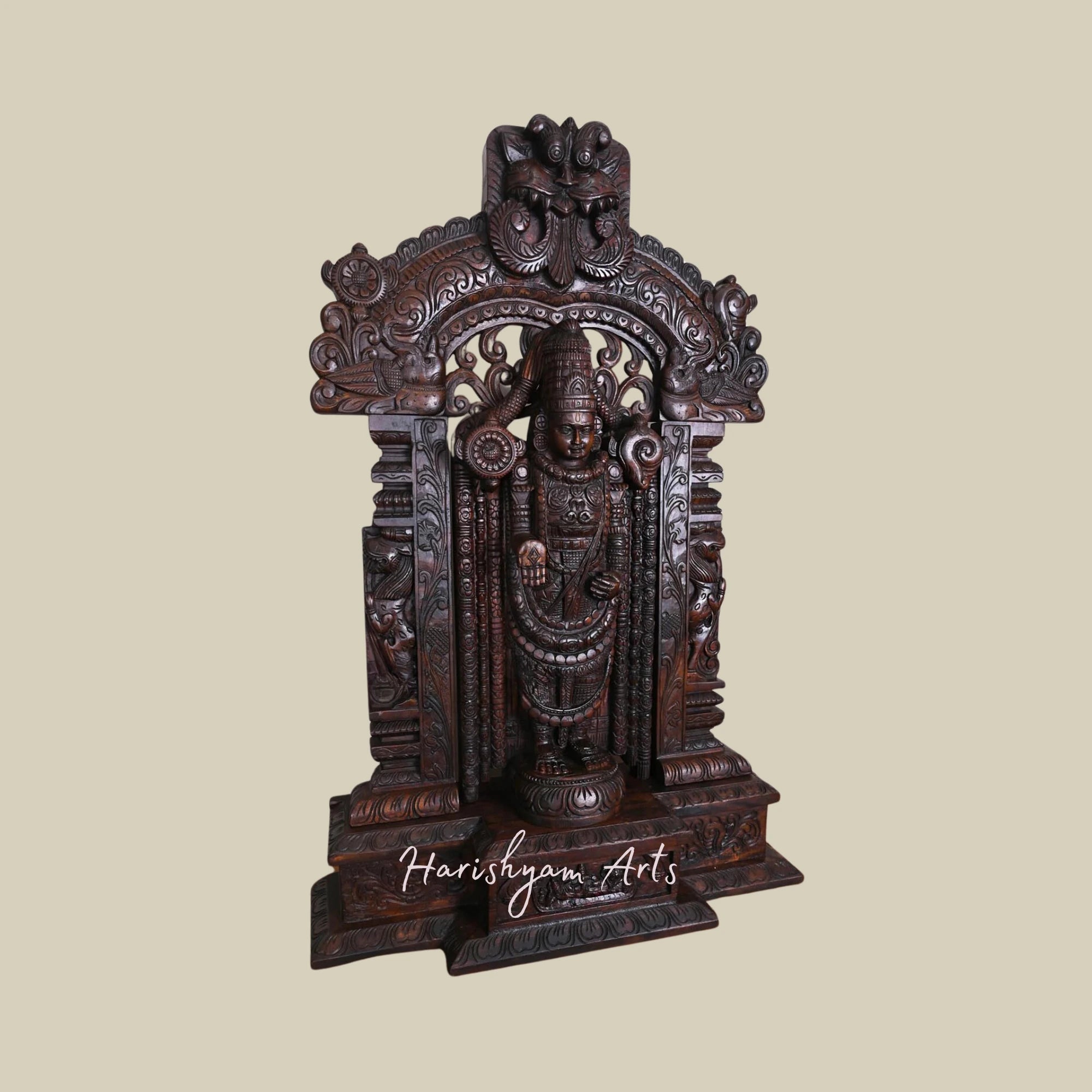 43" Wooden Lord Balaji Standing with Prabhavali, Pillar, and Arch Design