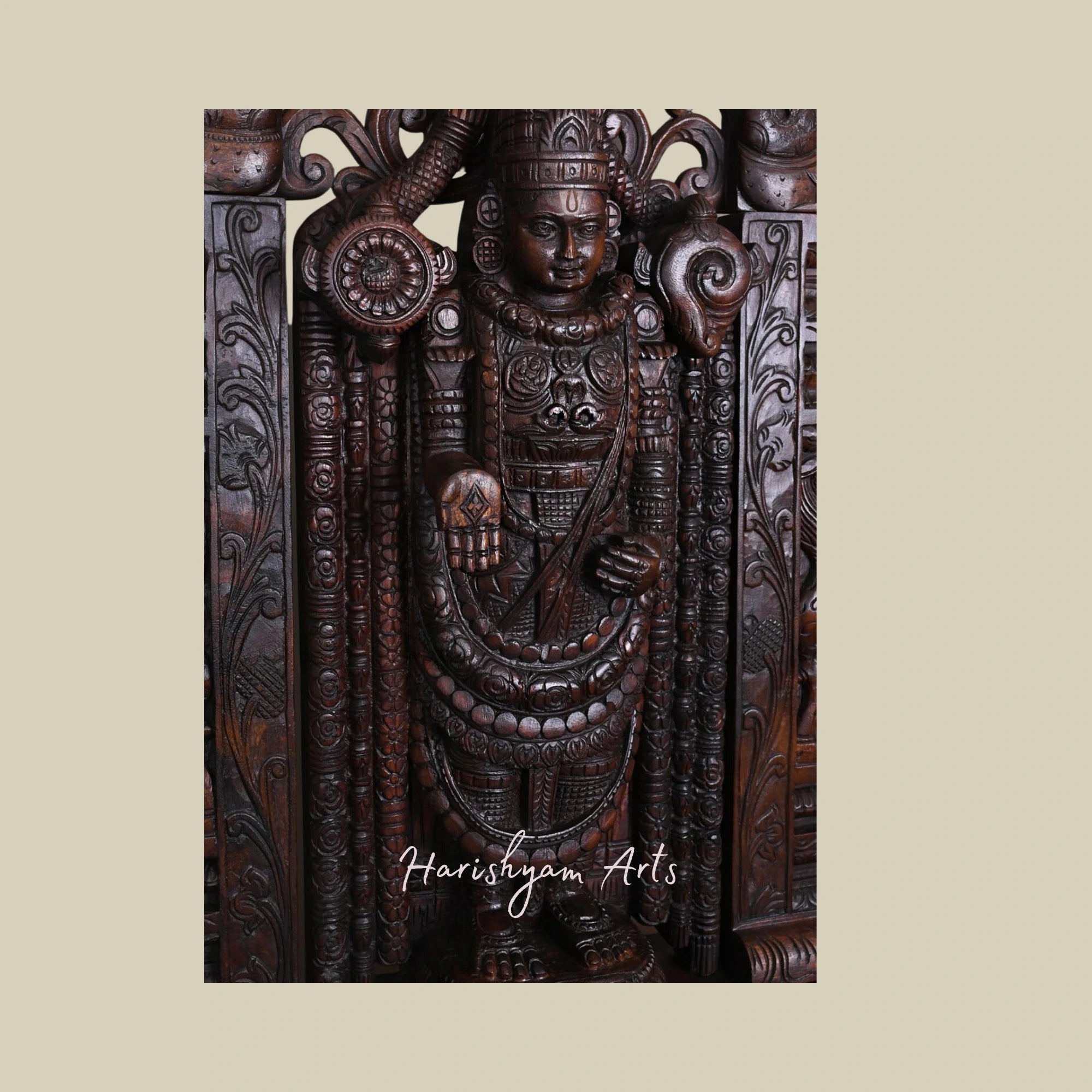 43" Wooden Lord Balaji Standing with Prabhavali, Pillar, and Arch Design1