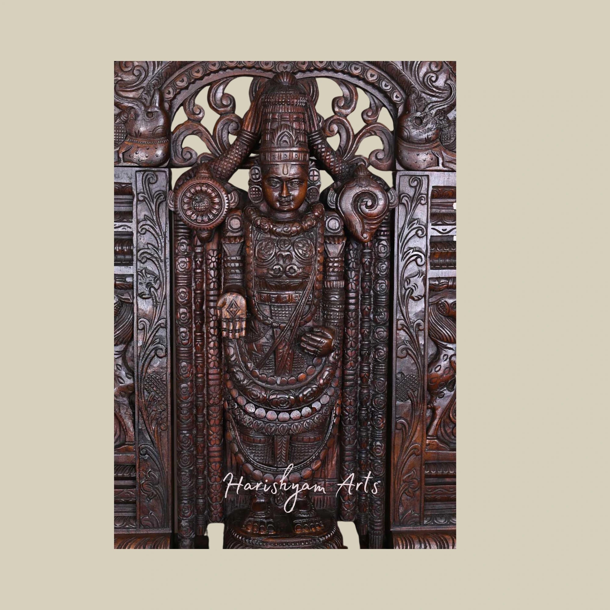 43" Wooden Lord Balaji Standing with Prabhavali, Pillar, and Arch Design3