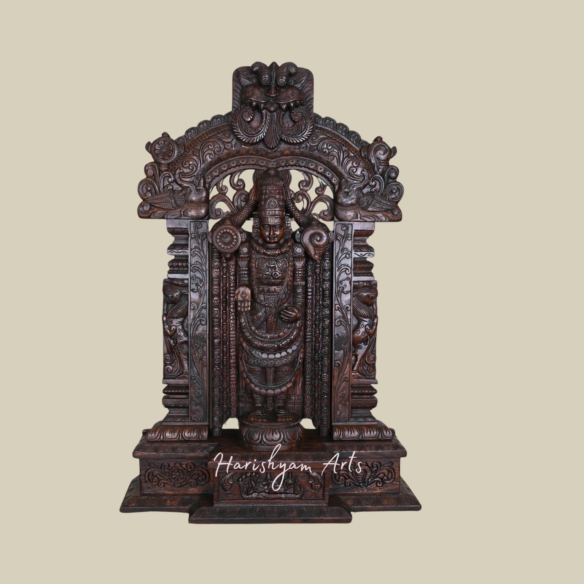 43" Wooden Lord Balaji Standing with Prabhavali, Pillar, and Arch Design4