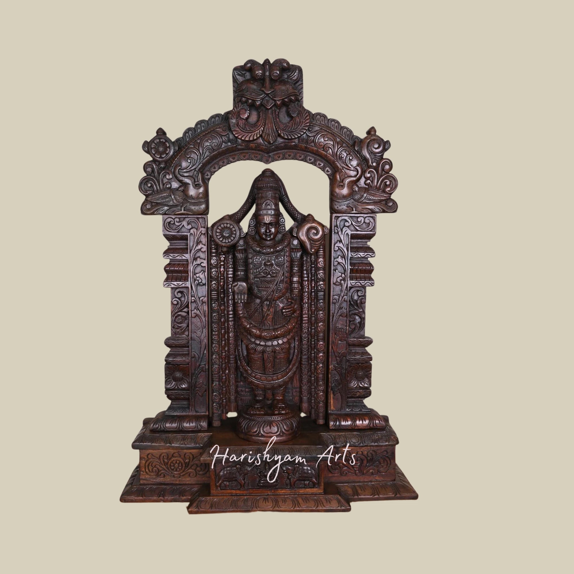 43" Tirupati Balaji Wooden Statue with Prabhavali and Pillar Yaazhi