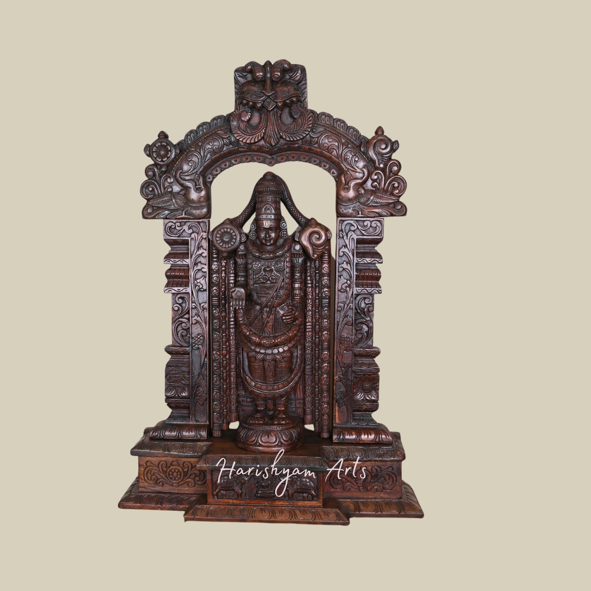 43" Tirupati Balaji Wooden Statue with Prabhavali and Pillar Yaazhi1