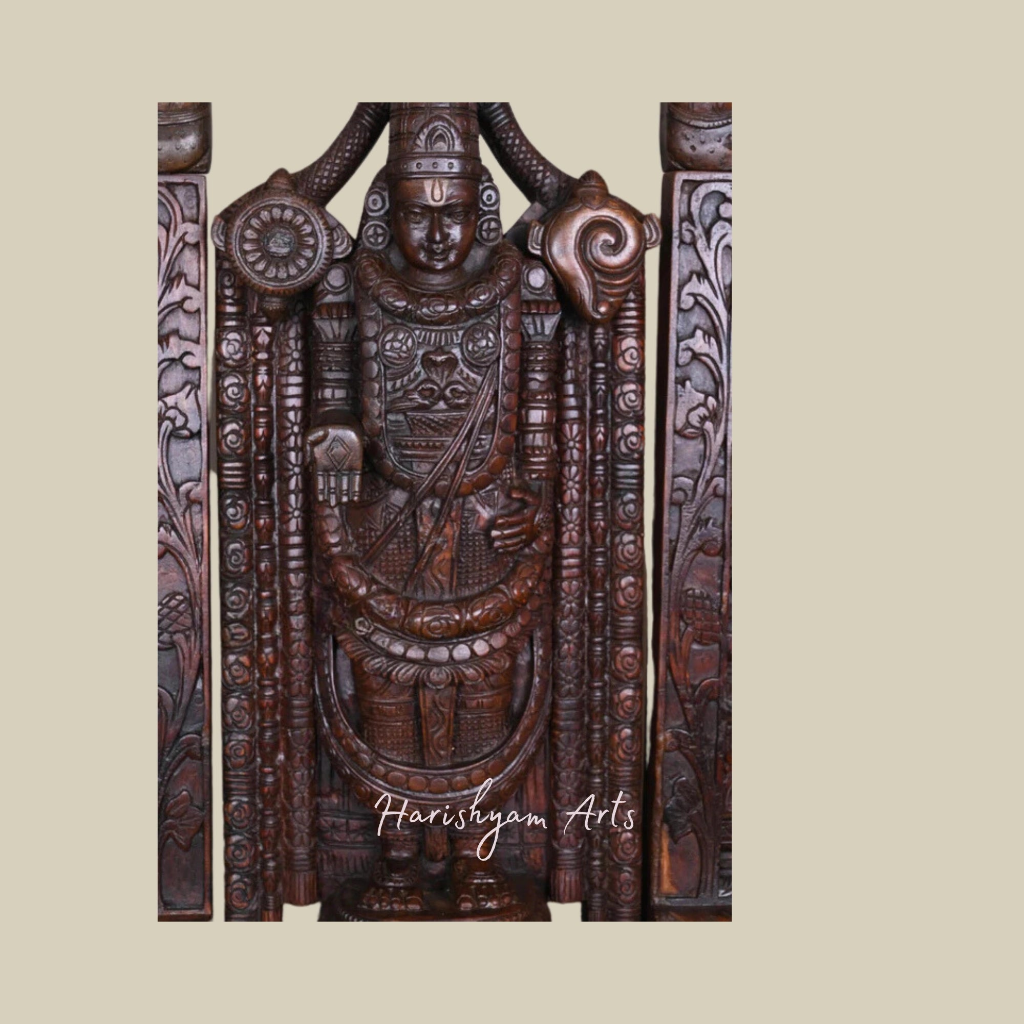 43" Tirupati Balaji Wooden Statue with Prabhavali and Pillar Yaazhi2