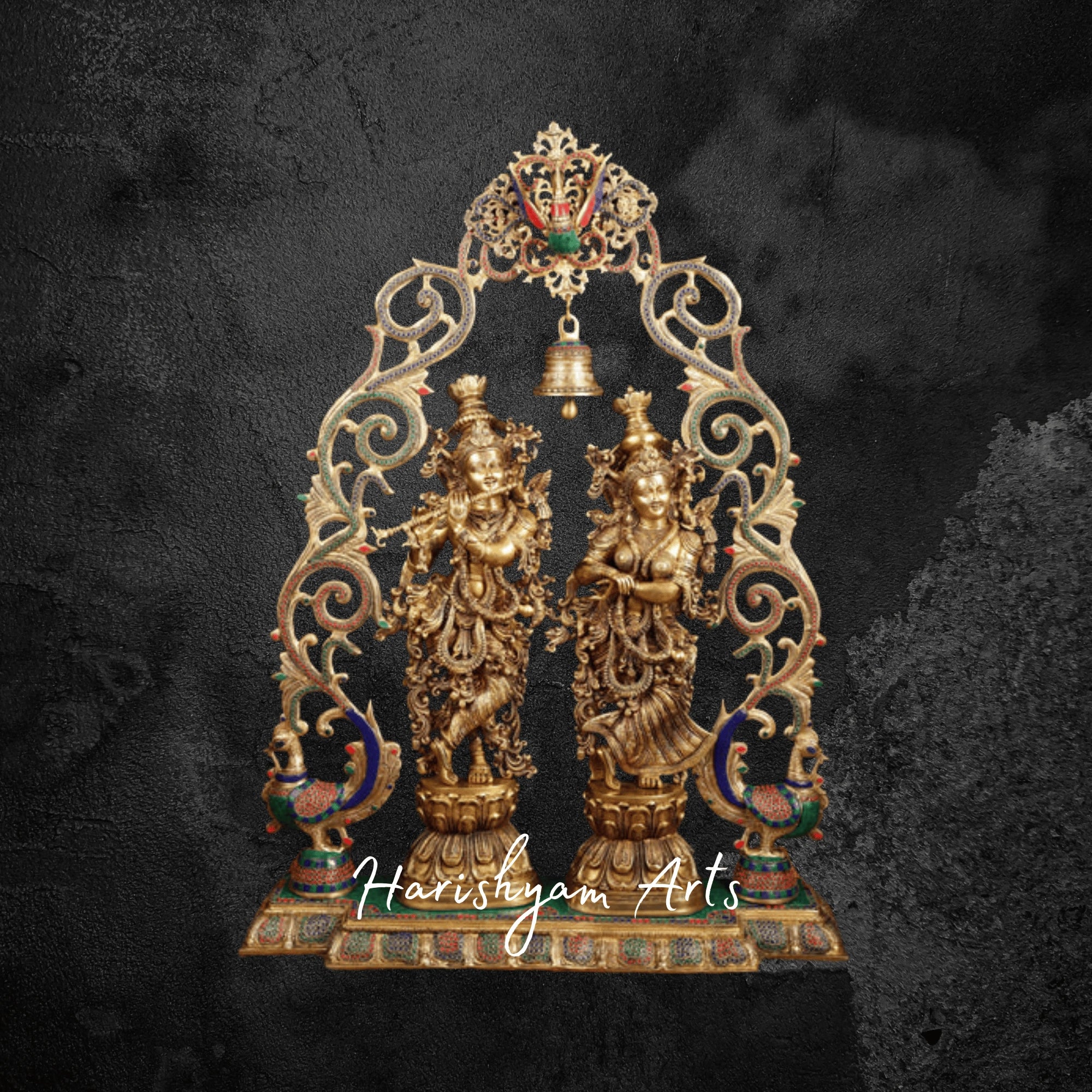 45" Brass Radha Krishna Statue with Peacock Arch for Temple Decor