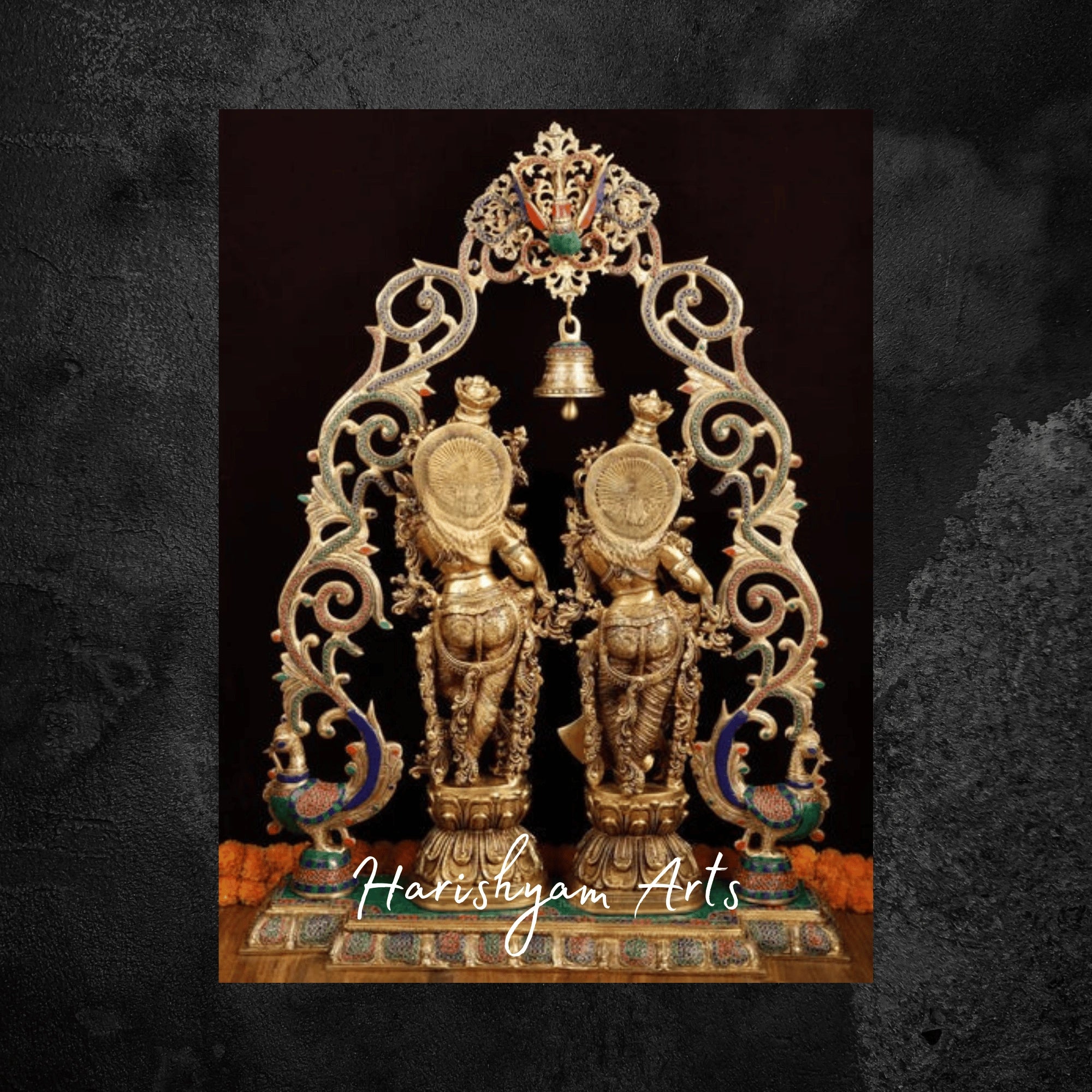 45" Brass Radha Krishna Statue with Peacock Arch for Temple Decor