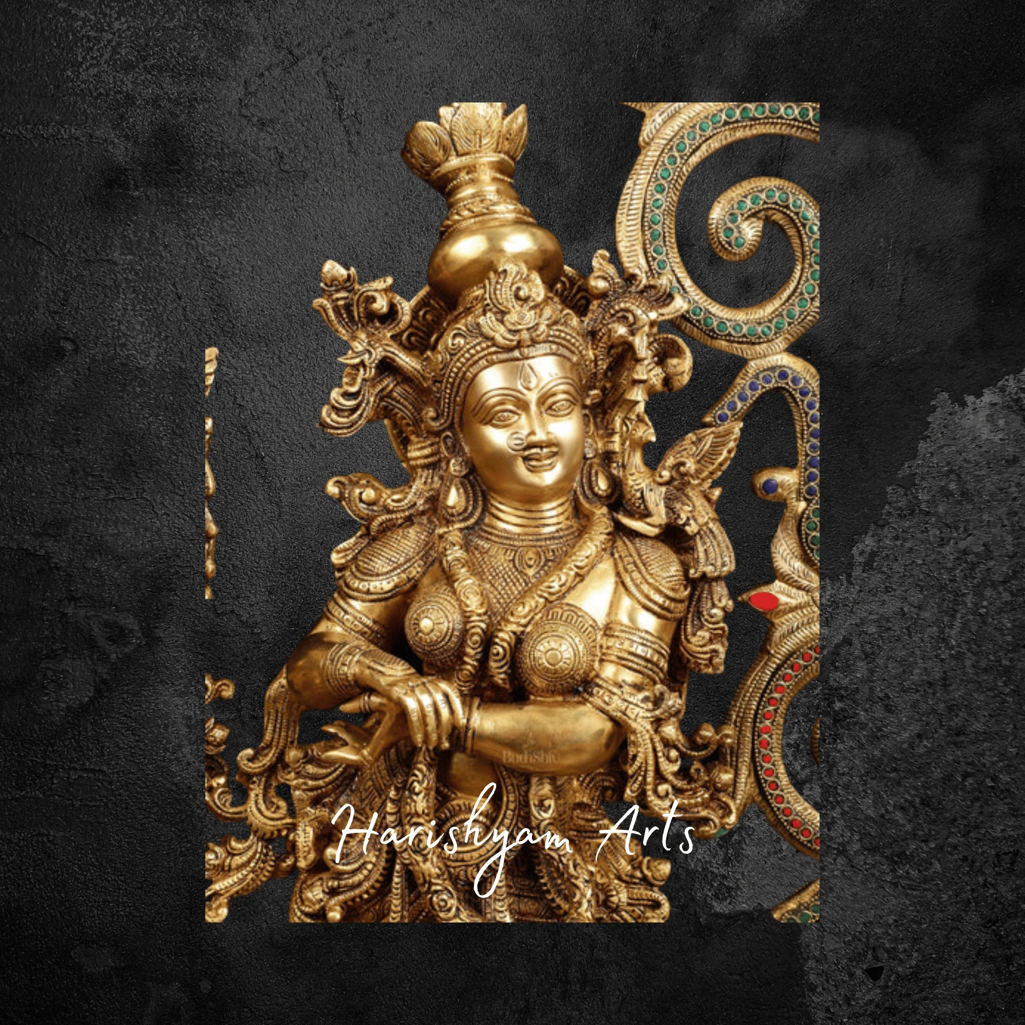 45" Brass Radha Krishna Statue with Peacock Arch for Temple Decor